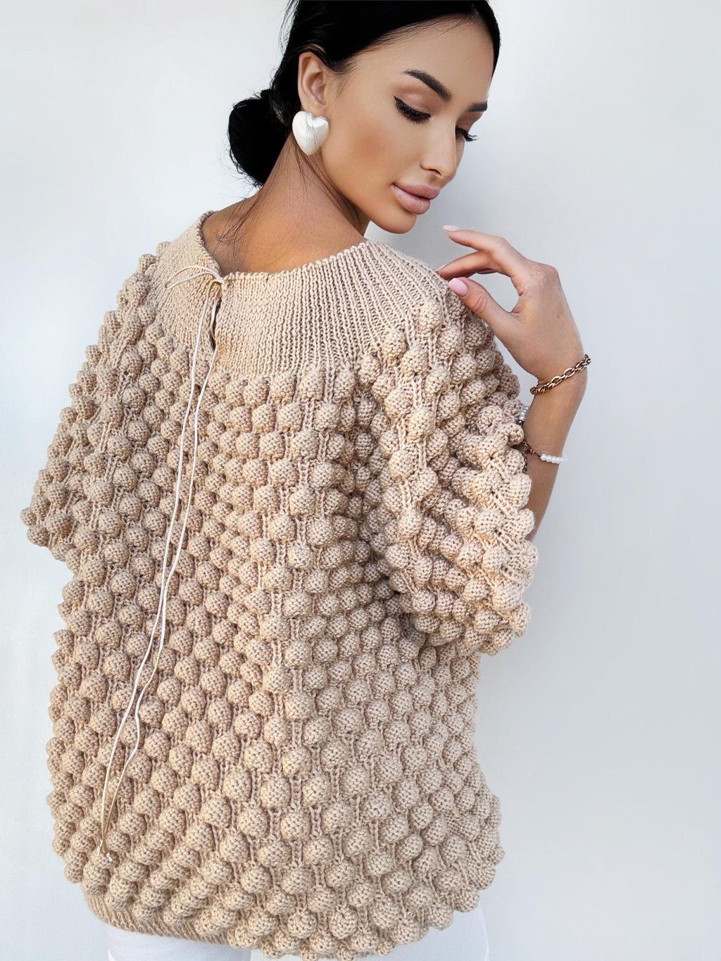 Knit wool beige oversized sweater dress off the shoulder Chunky hand knit dress Open shoulders merino wool long sweater Half sleeve
