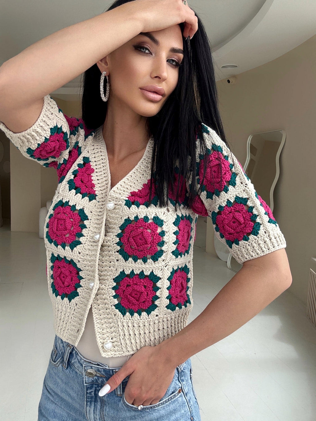 Crop crochet floral light beige pink on buttons cotton cardigan Shot sleeve top flowers roses Boho Women Knit summer blouse half sleeve