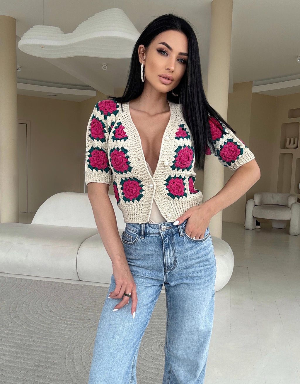 Crop crochet floral light beige pink on buttons cotton cardigan Shot sleeve top flowers roses Boho Women Knit summer blouse half sleeve