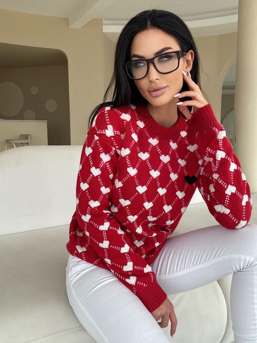 Knit merino wool red white print valentines sweater women Sweetheart black heart Red LOVE knit wool pullover large sweater christmas shirt
