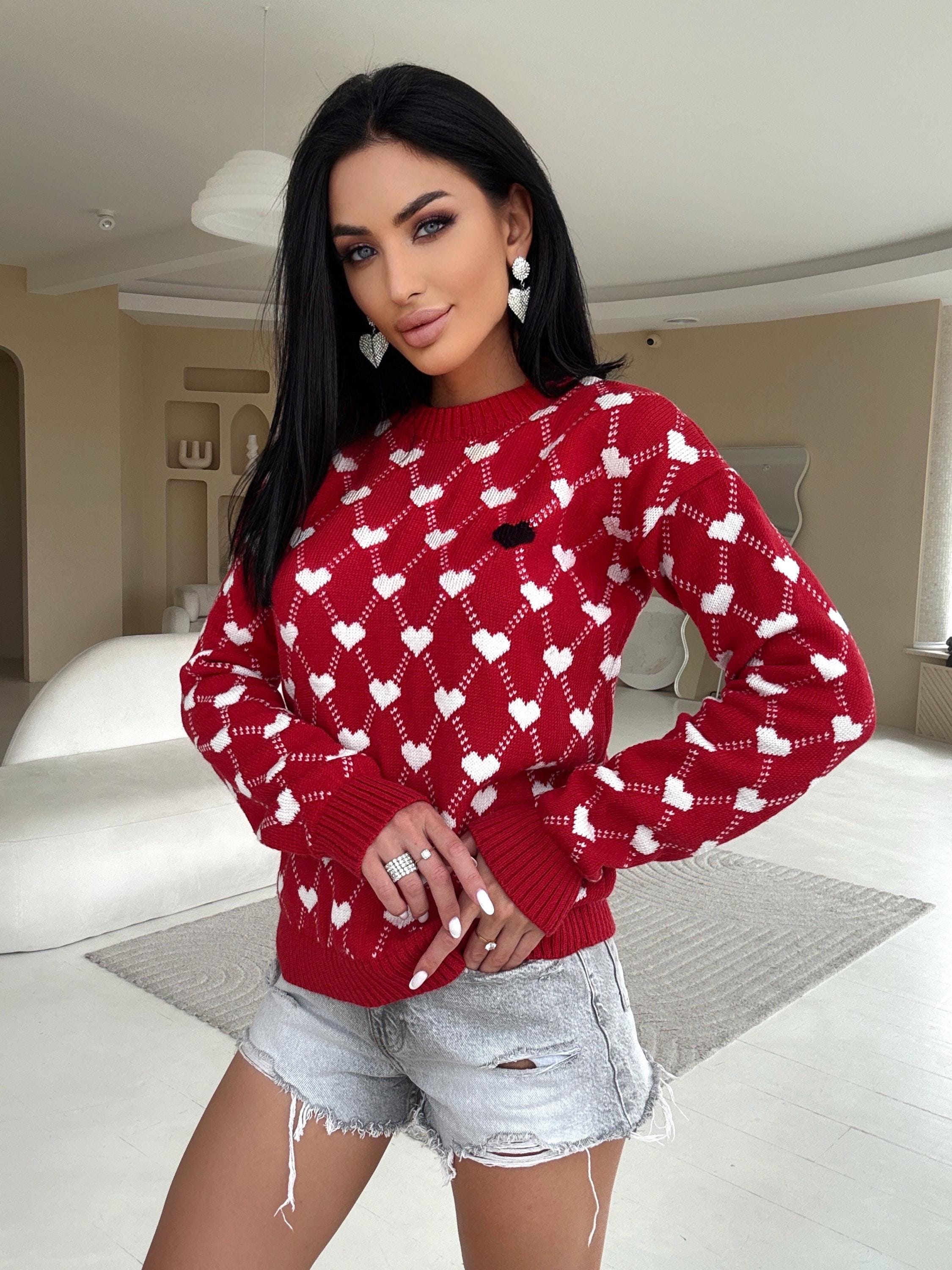 Knit merino wool red white print valentines sweater women Sweetheart black heart Red LOVE knit wool pullover large sweater christmas shirt