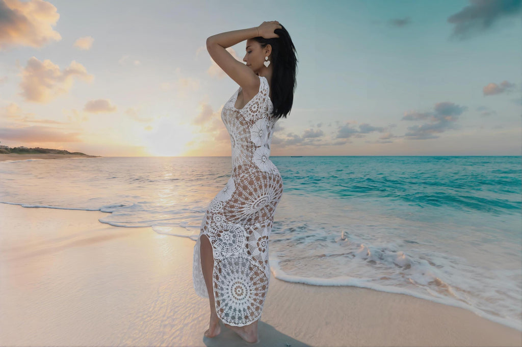 Crochet white wedding organic cotton beach maxi dress Openwork hand made lace dress for beach Midi bridal beach dress on straps Cover up