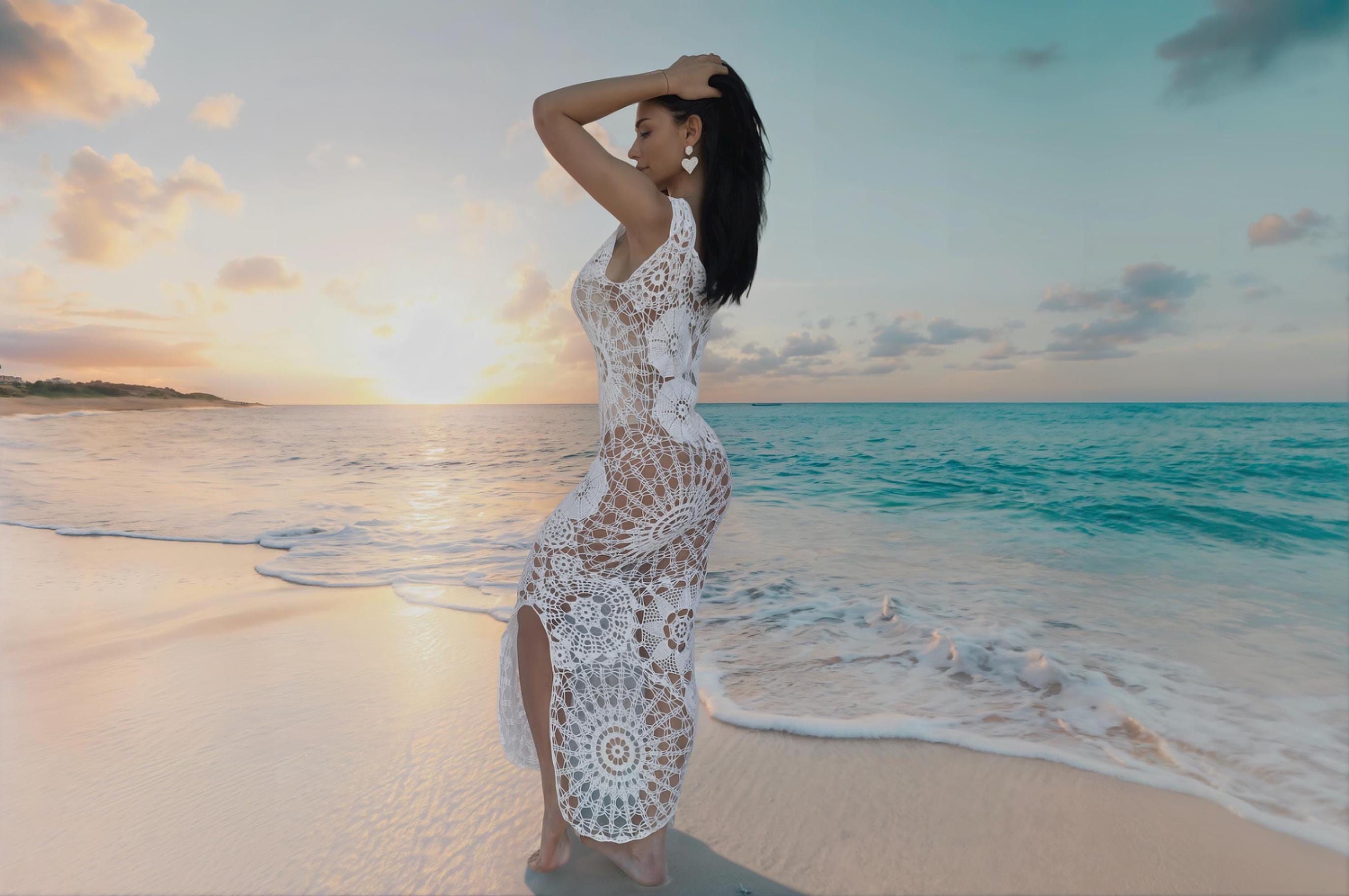 Crochet white wedding organic cotton beach maxi dress Openwork hand made lace dress for beach Midi bridal beach dress on straps Cover up