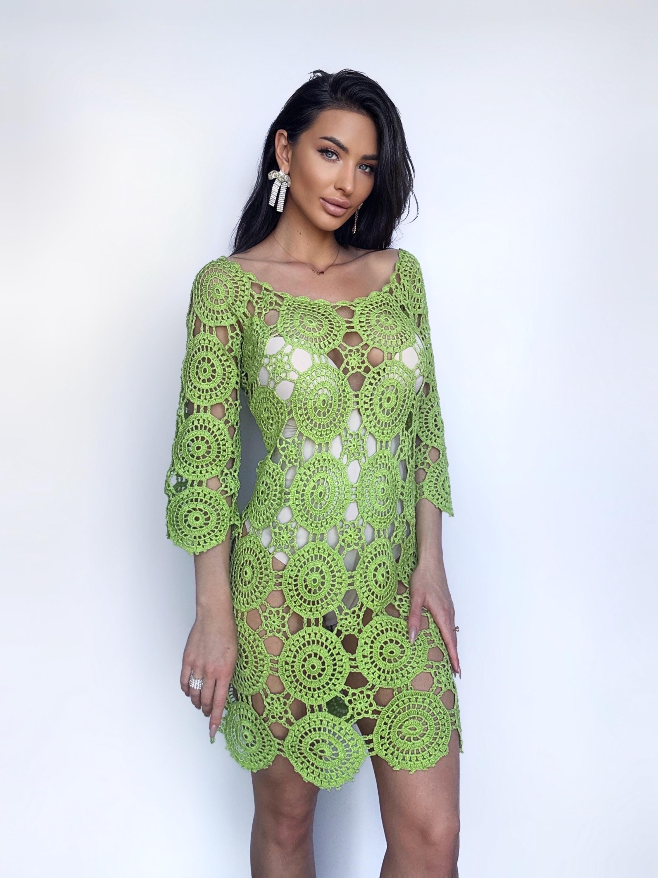 Crochet cotton light green beach open back dress cover ups Mini green crochet cover ups knee deep Cotton lace dress Beachwears women