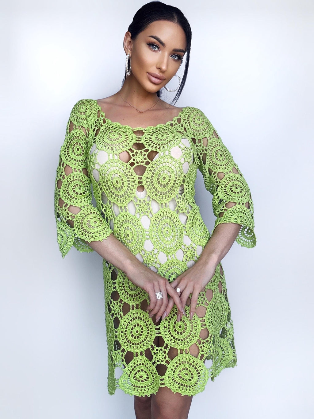 Crochet cotton light green beach open back dress cover ups Mini green crochet cover ups knee deep Cotton lace dress Beachwears women