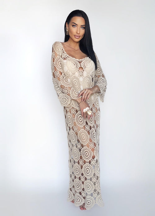 Beach beige crochet maxi open back dress Beach cotton cover up Wedding white pastel dress Boho openwork maxi summer dress Crochet swimwear