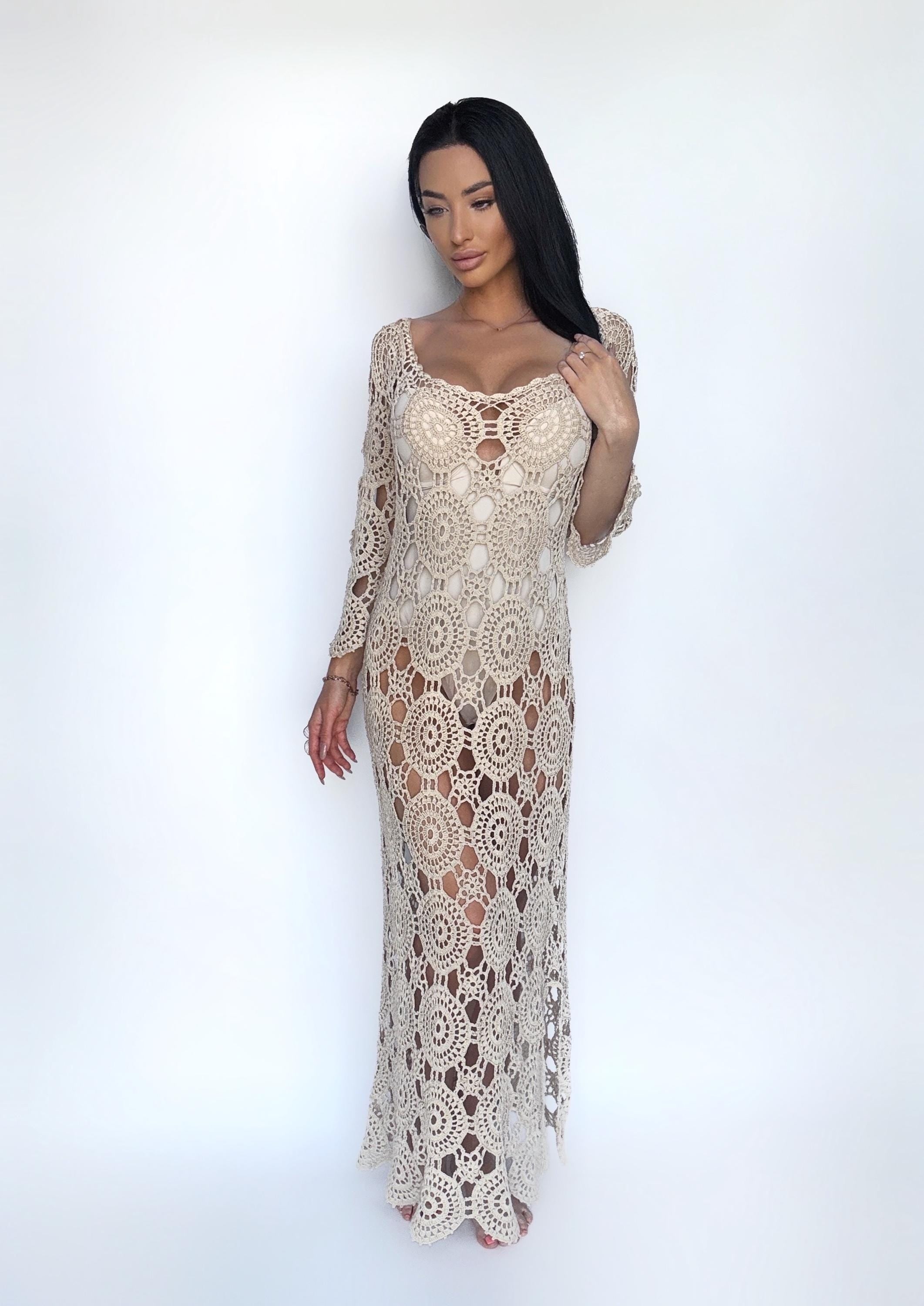 Crochet maxi beach beige open back dress Cotton cover up Wedding white pastel dress Boho openwork maxi summer dress Crochet swimwear