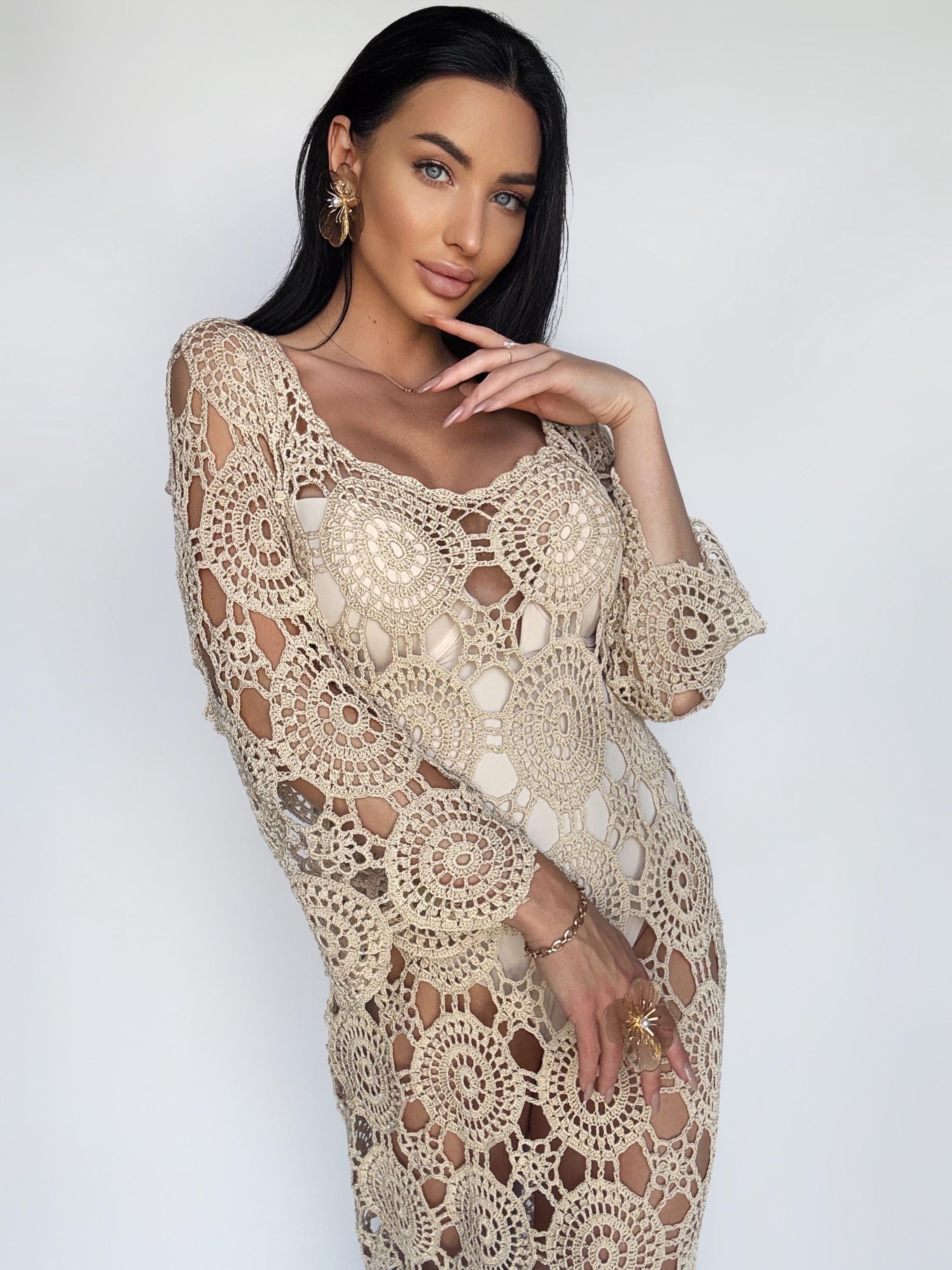 Beach beige crochet maxi open back dress Beach cotton cover up Wedding white pastel dress Boho openwork maxi summer dress Crochet swimwear