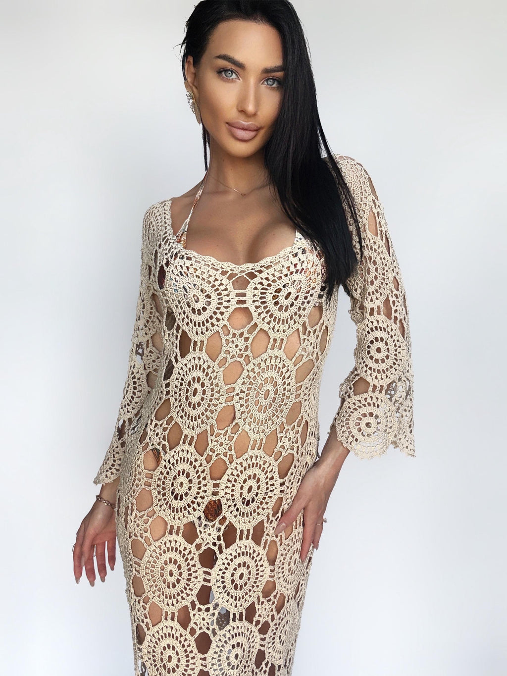 Beach beige crochet maxi open back dress Beach cotton cover up Wedding white pastel dress Boho openwork maxi summer dress Crochet swimwear
