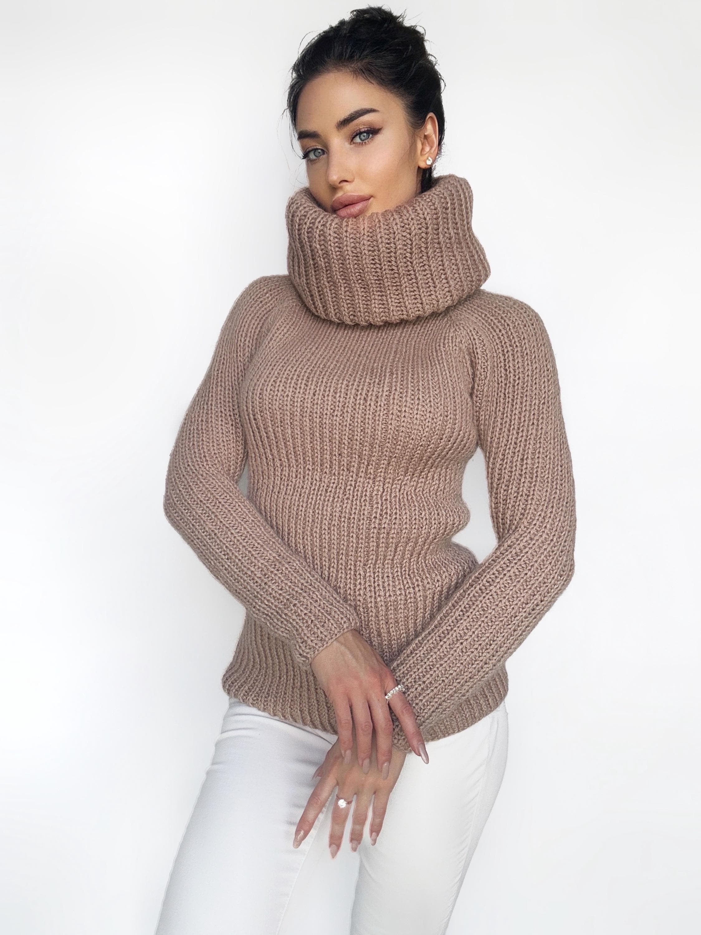 Cable knit beige mohair mix big collar sweater Chunky Knit Turtleneck Pastel pullover Womens Jumper merino mix wool winter sweater