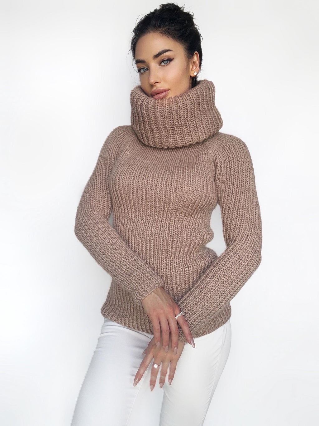 Cable knit beige mohair mix big collar sweater Chunky Knit Turtleneck Pastel pullover Womens Jumper merino mix wool winter sweater