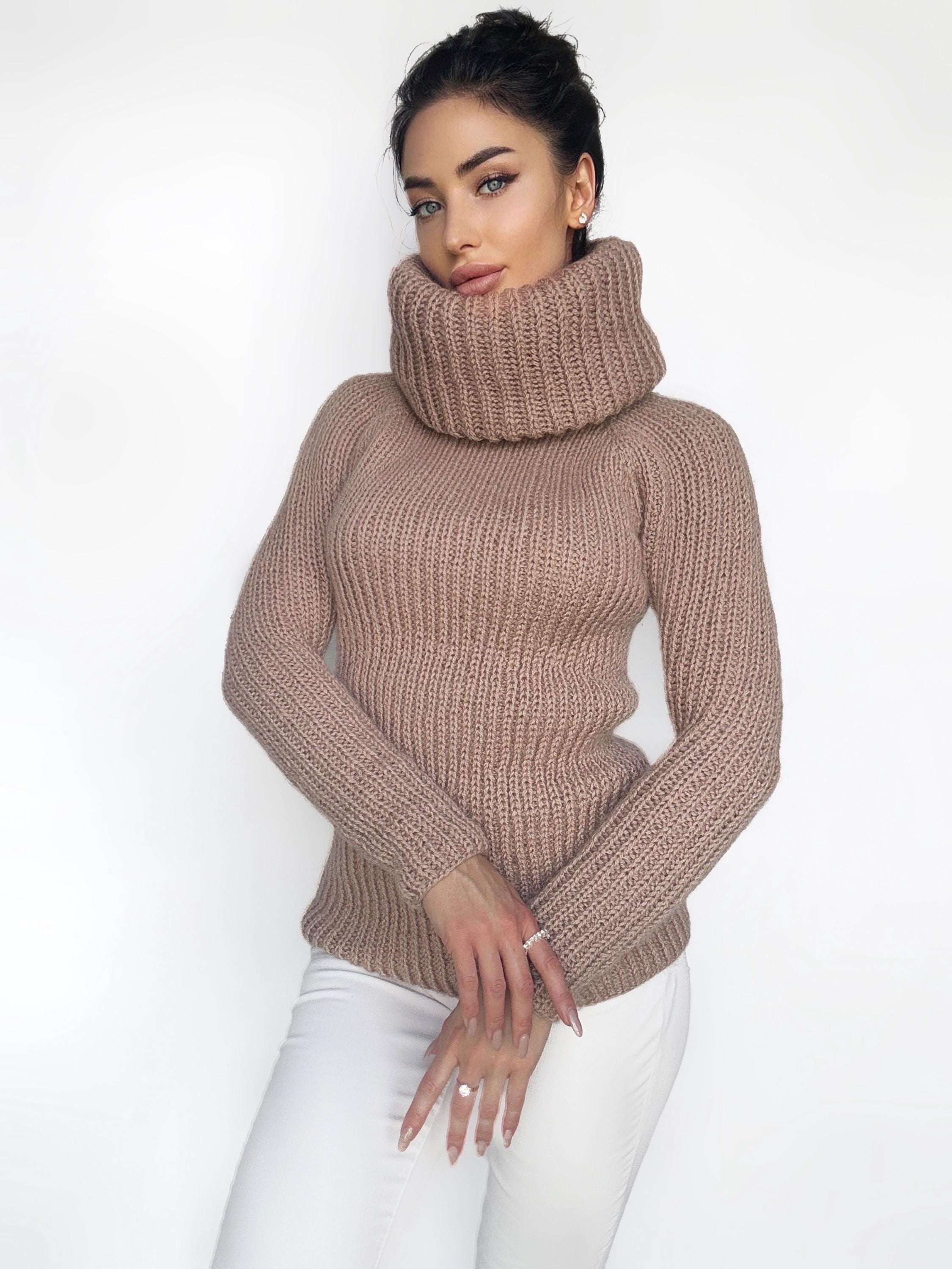 Cable knit beige mohair mix big collar sweater Chunky Knit Turtleneck Pastel pullover Womens Jumper merino mix wool winter sweater