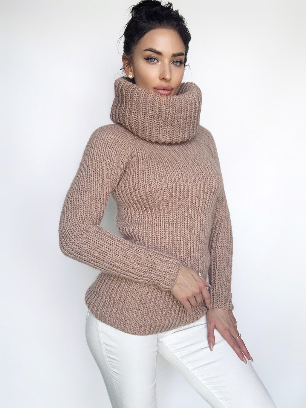 Cable knit beige mohair mix big collar sweater Chunky Knit Turtleneck Pastel pullover Womens Jumper merino mix wool winter sweater