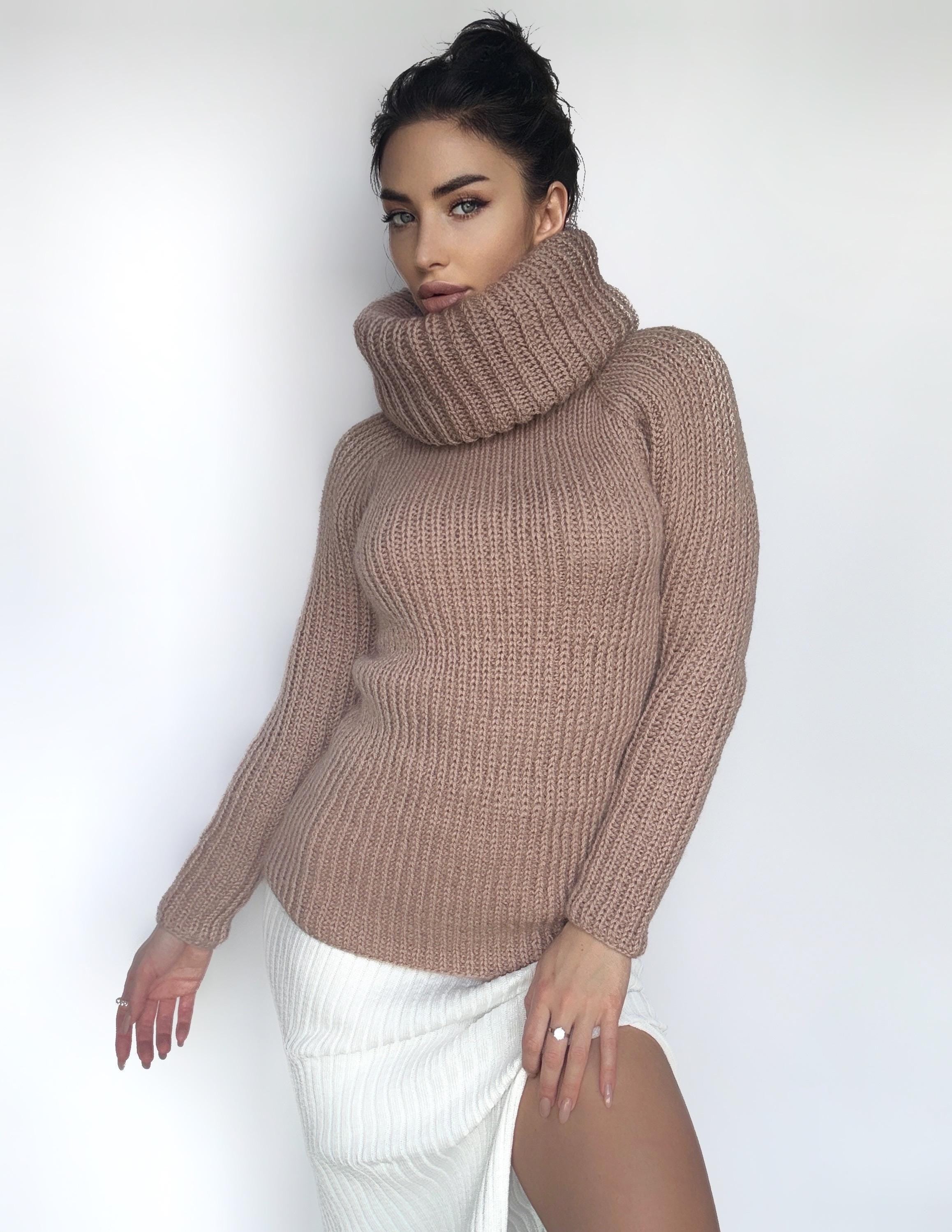 Cable knit beige mohair mix big collar sweater Chunky Knit Turtleneck Pastel pullover Womens Jumper merino mix wool winter sweater
