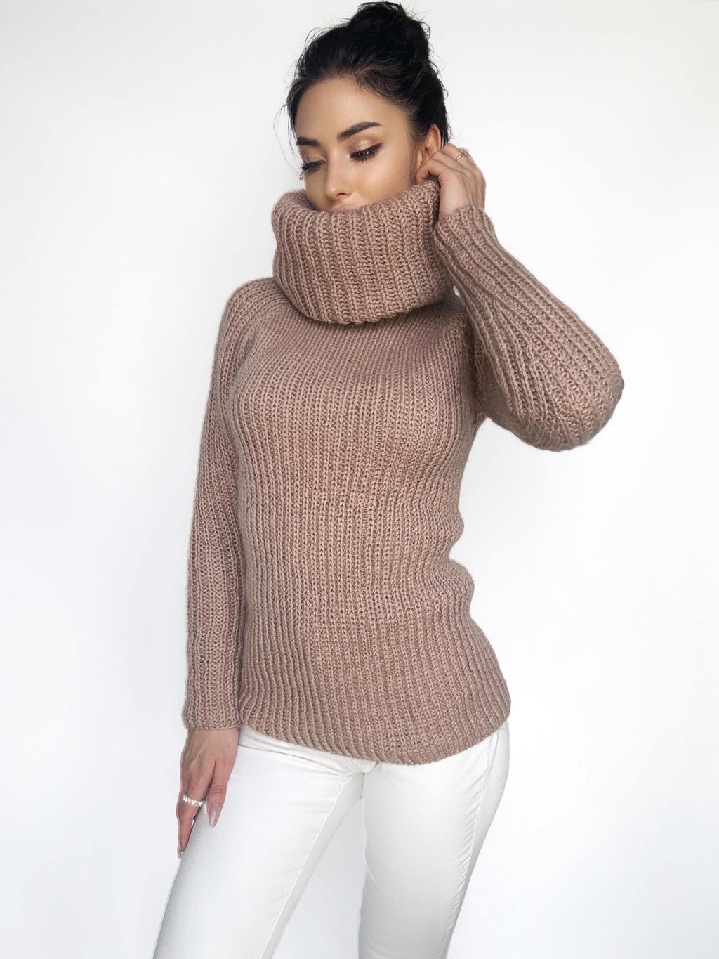 Cable knit beige mohair mix big collar sweater Chunky Knit Turtleneck Pastel pullover Womens Jumper merino mix wool winter sweater