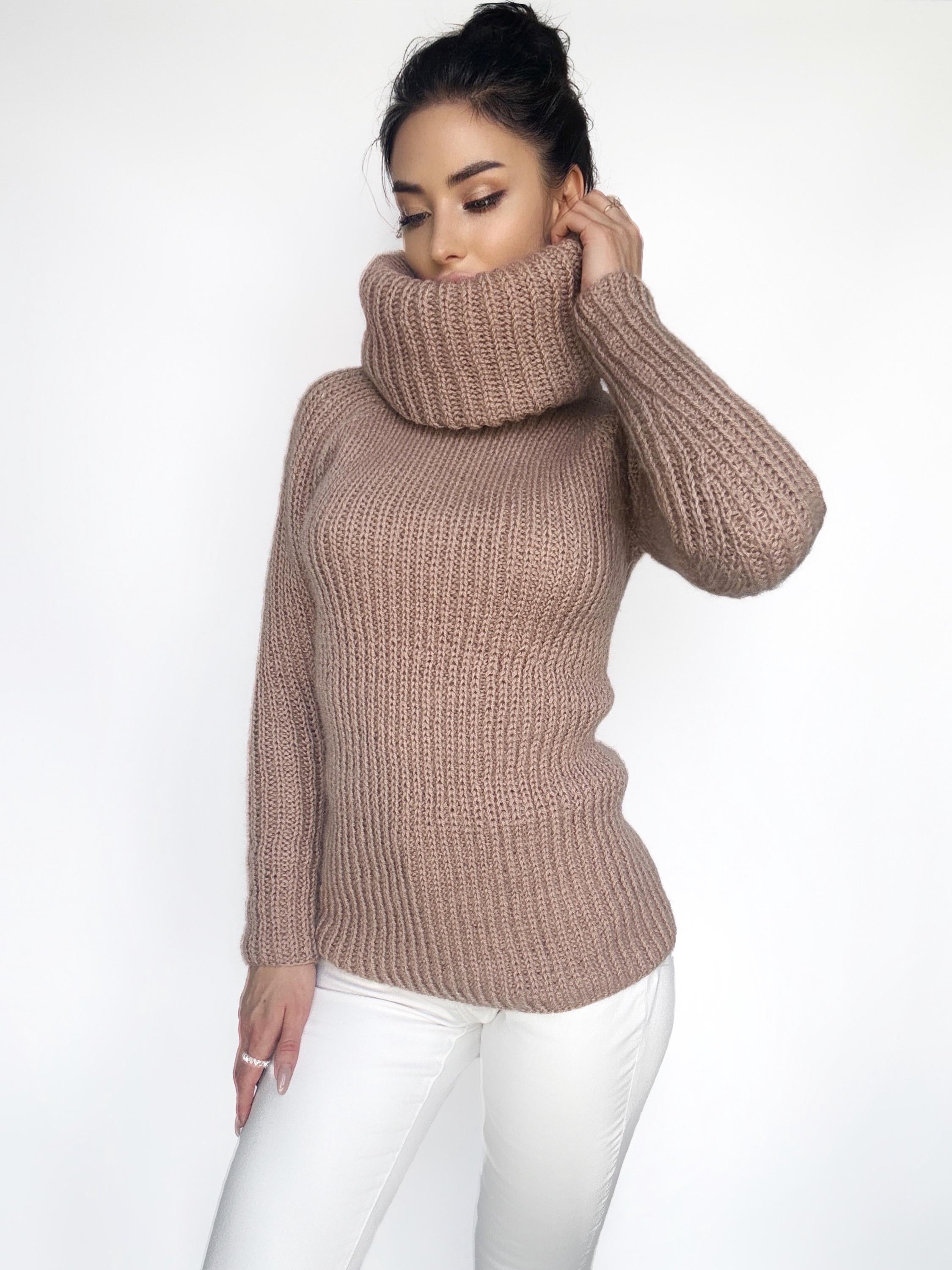 Cable knit beige mohair mix big collar sweater turtleneck Chunky Knit pastel pullover Womens Jumper merino mix wool winter sweater