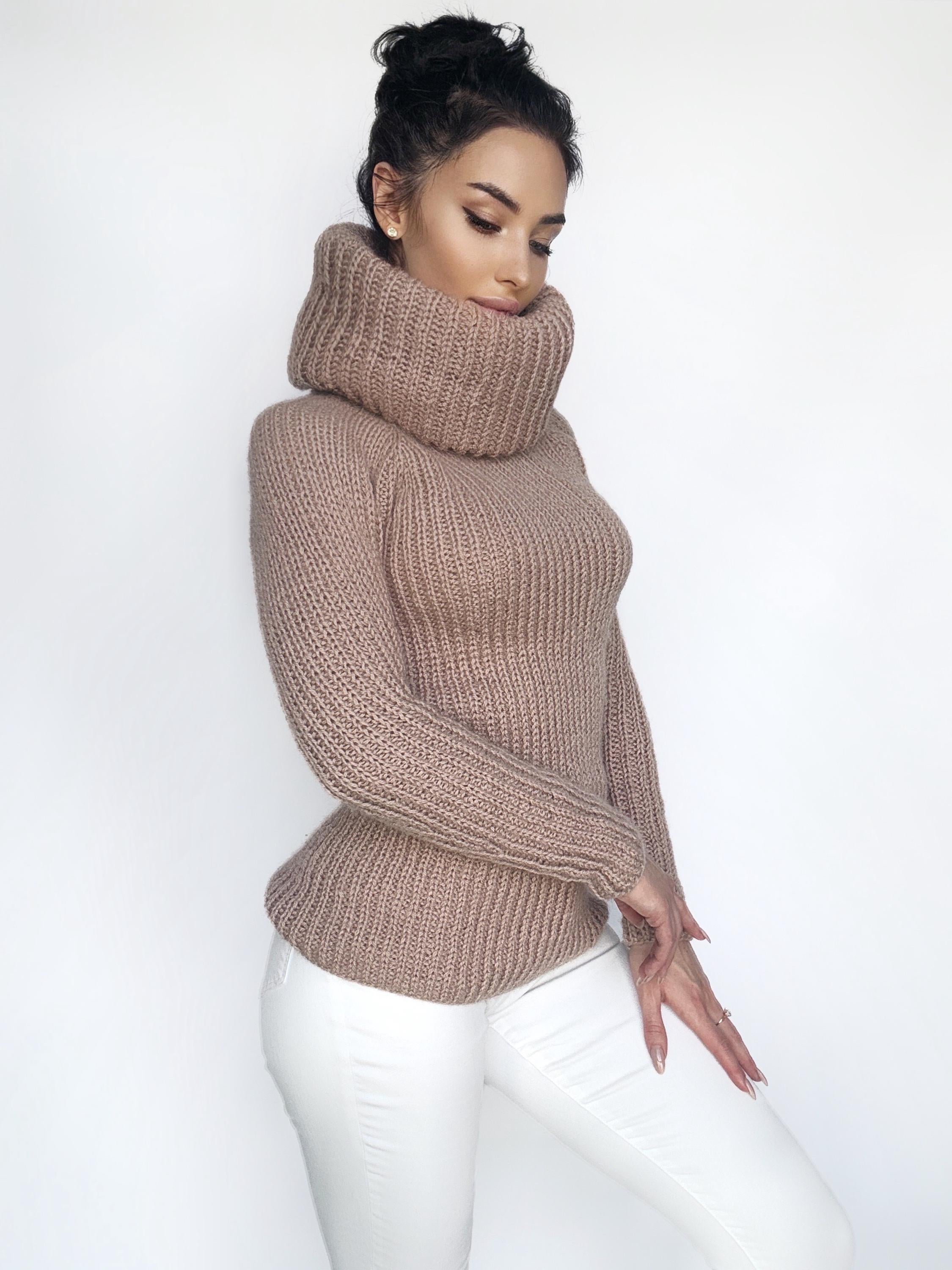 Cable knit beige mohair mix big collar sweater Chunky Knit Turtleneck Pastel pullover Womens Jumper merino mix wool winter sweater