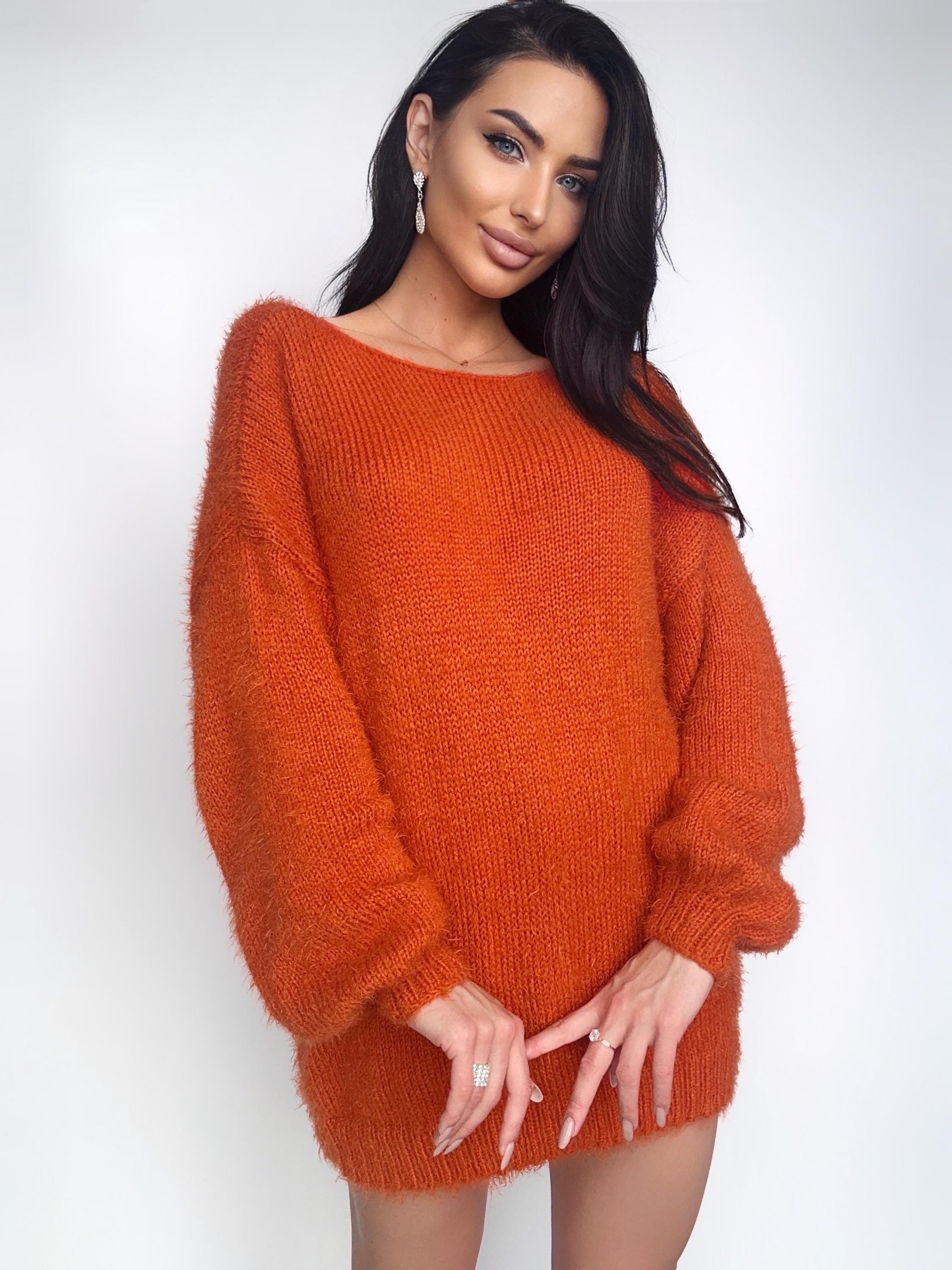 Knitted Orange sweater dress wool free/merino mix for sensitive skin Fluffy body friendly pullover Open back Deep V-neckline Loose fit