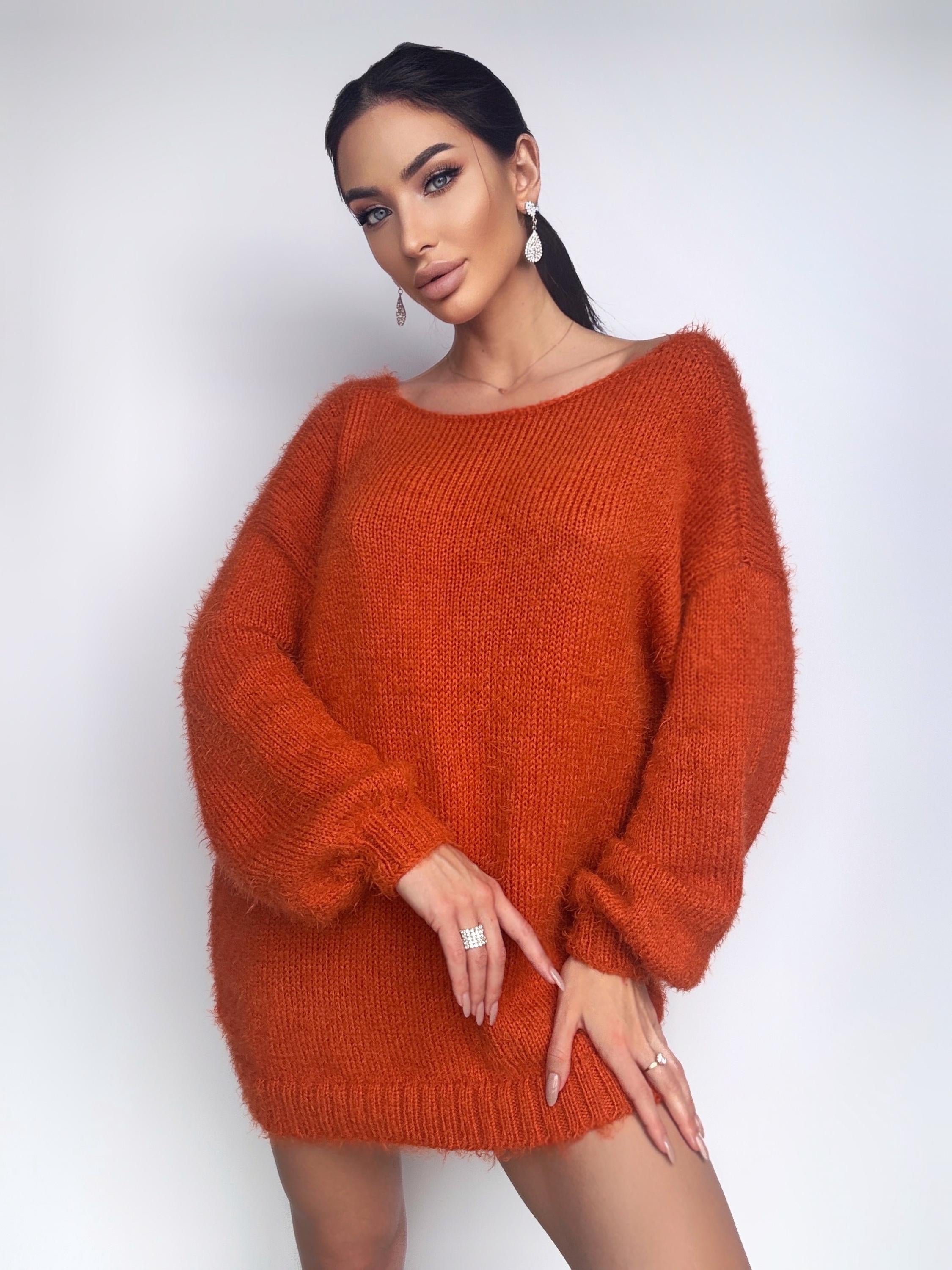 Knitted Orange sweater dress wool free/merino mix for sensitive skin Fluffy body friendly pullover Open back Deep V-neckline Loose fit