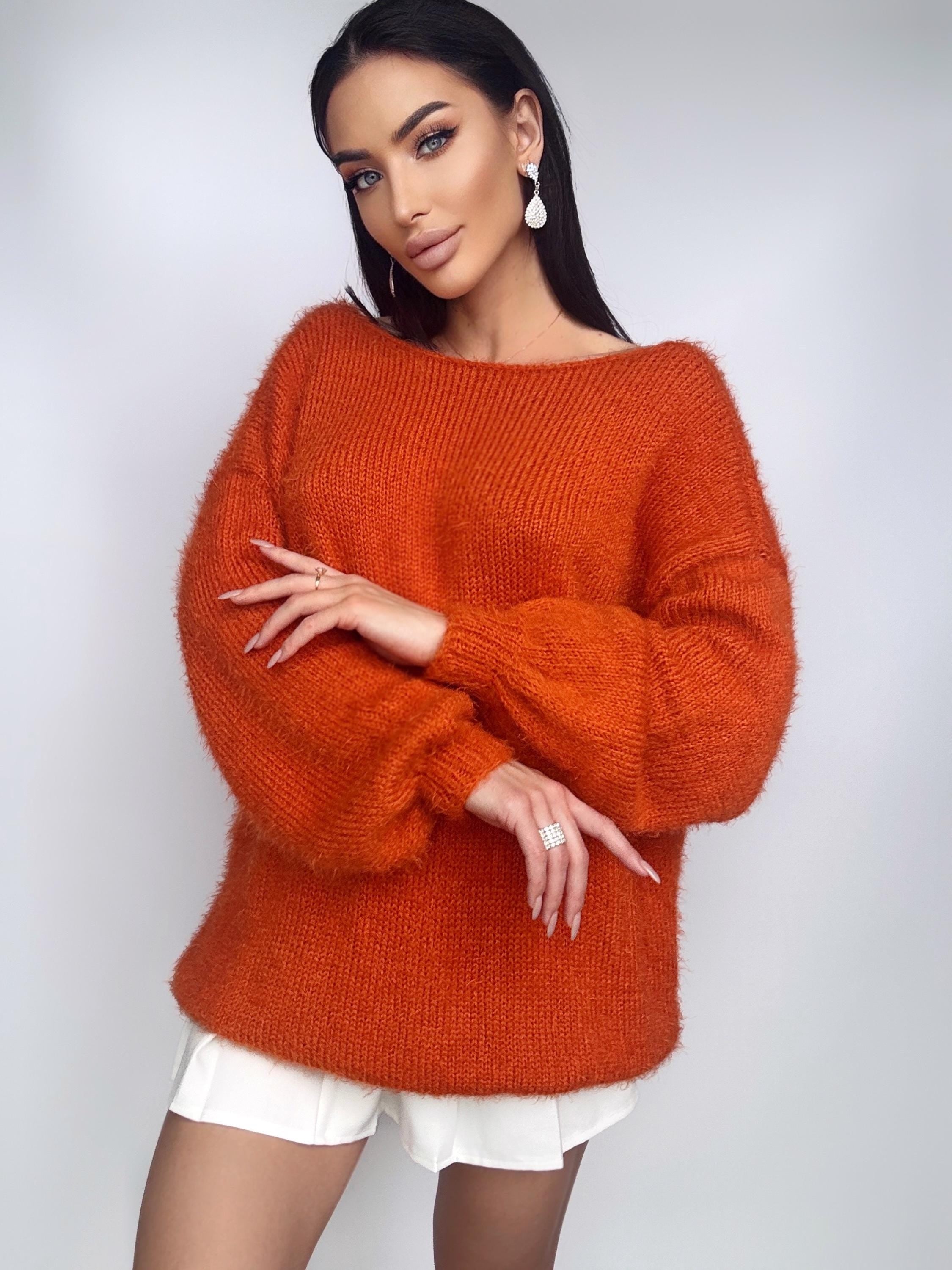 Knitted Orange sweater dress wool free/merino mix for sensitive skin Fluffy body friendly pullover Open back Deep V-neckline Loose fit