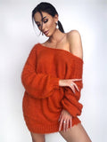 Knitted Orange sweater dress wool free/merino mix for sensitive skin Fluffy body friendly pullover Open back Deep V-neckline Loose fit