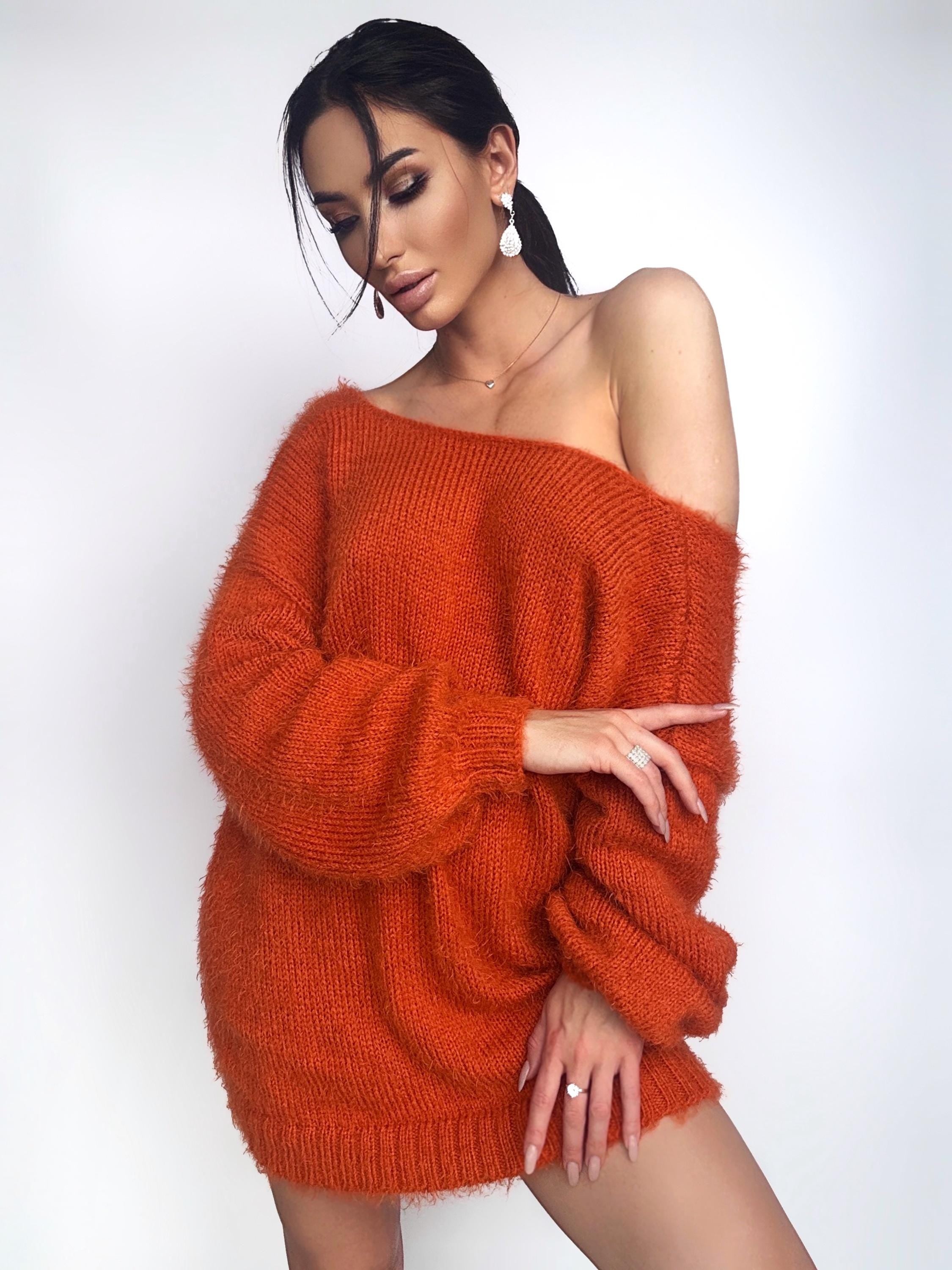 Knitted Orange sweater dress wool free/merino mix for sensitive skin Fluffy body friendly pullover Open back Deep V-neckline Loose fit