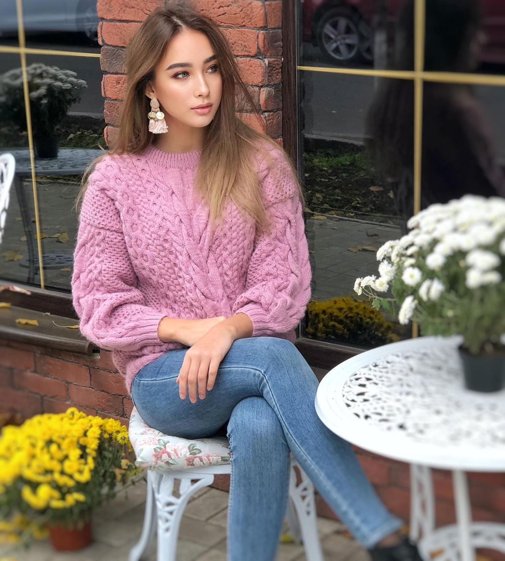 Chunky hand knit light blue / pink alpaca wool sweater womens Warm merino wool fall pullover Cable knit sweater Loose knitted wool sweater
