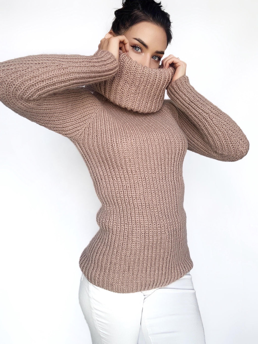 Cable knit beige mohair mix big collar sweater Chunky Knit Turtleneck Pastel pullover Womens Jumper merino mix wool winter sweater