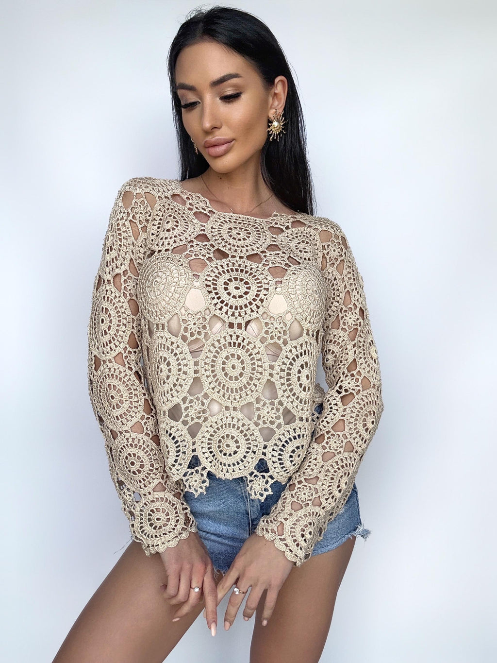 Crochet pastel beige lace crochet top - blouse Vintage crochet sweater white Long sleeve top 70s Boho Women Knit blouse gift for her