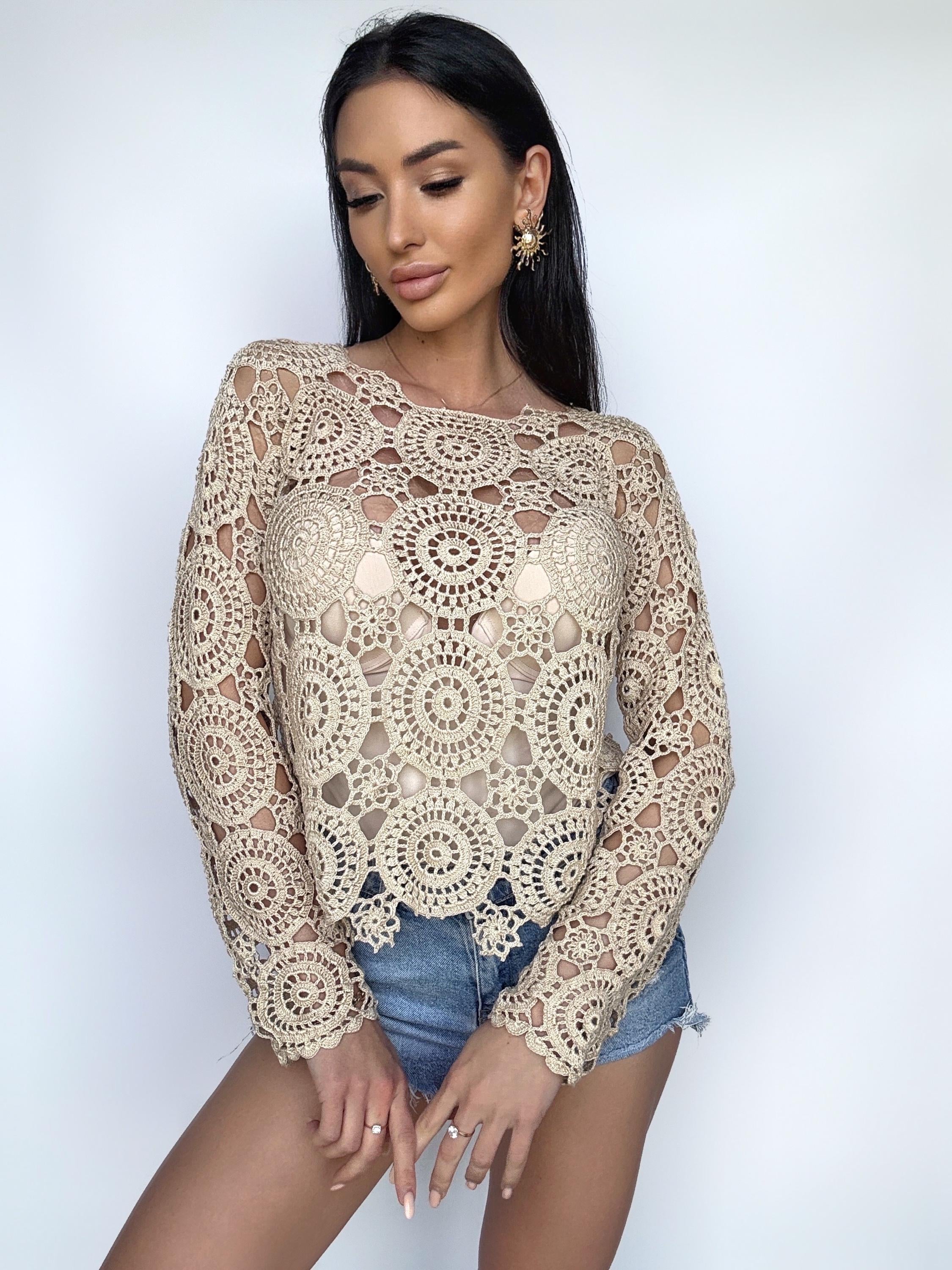 Crochet pastel beige lace crochet top - blouse Vintage crochet sweater white Long sleeve top 70s Boho Women Knit blouse gift for her