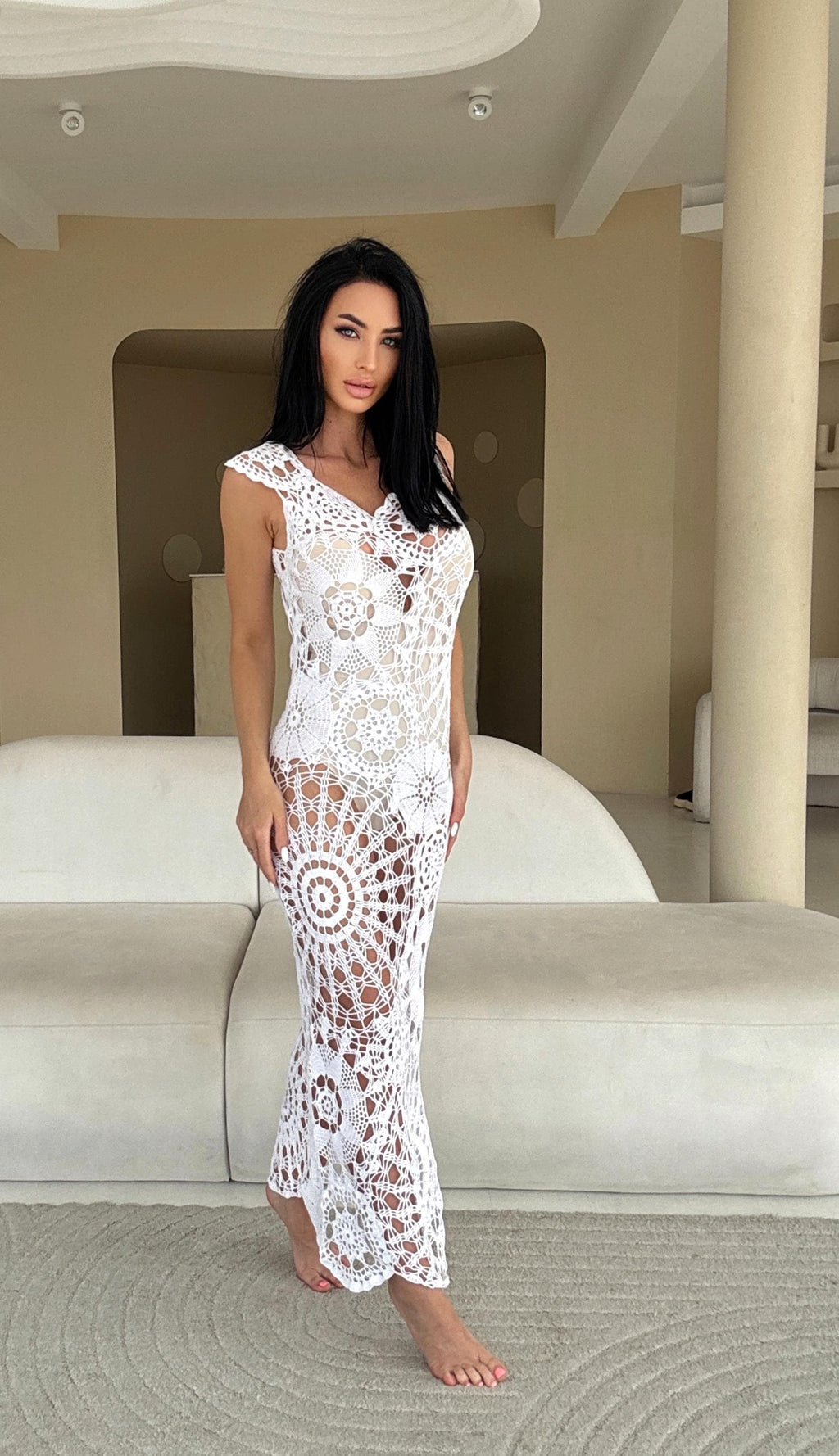 Crochet white boho dress Maxi cotton beach dress Openwork hand made lace beach tunic Bridal wedding beach dress on straps Lace cover up