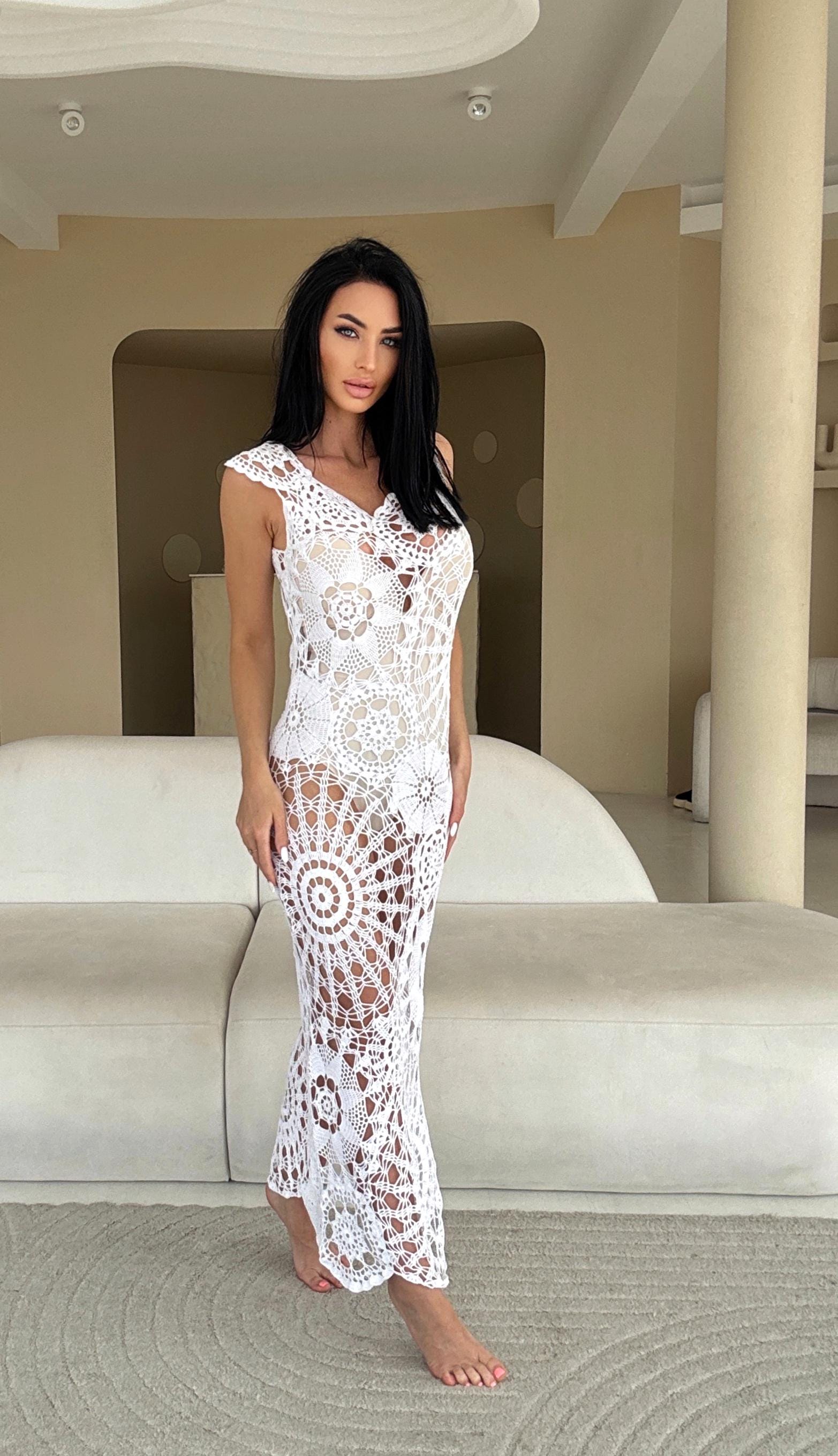 Crochet white boho dress Maxi cotton beach dress Openwork hand made lace beach tunic Bridal wedding beach dress on straps Lace cover up