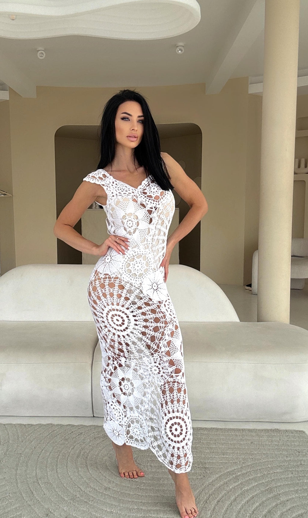 Crochet white boho dress Maxi cotton beach dress Openwork hand made lace beach tunic Bridal wedding beach dress on straps Lace cover up