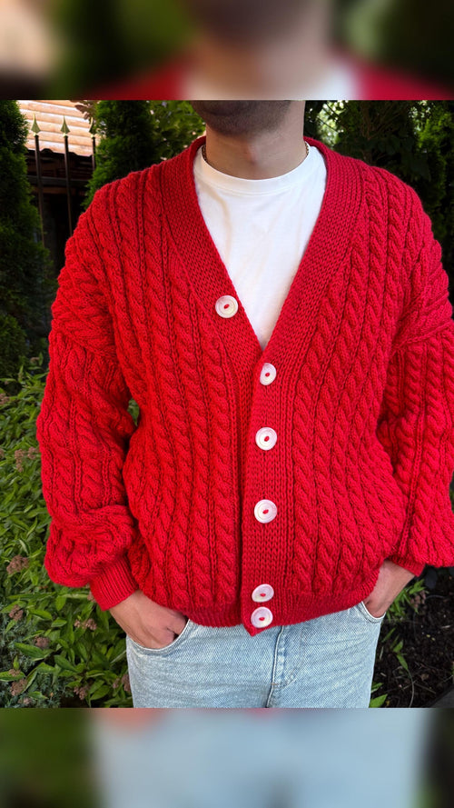 Cable knit mens unisex merino wool cardigan on buttons Hand knit red cardigan sweater Chunky knit сozy cardigan knitted jacket Gift for him