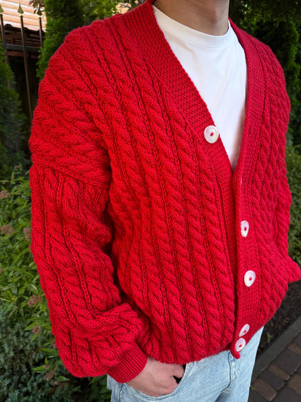 Cable knit mens unisex merino wool cardigan on buttons Hand knit red cardigan sweater Chunky knit сozy cardigan knitted jacket Gift for him