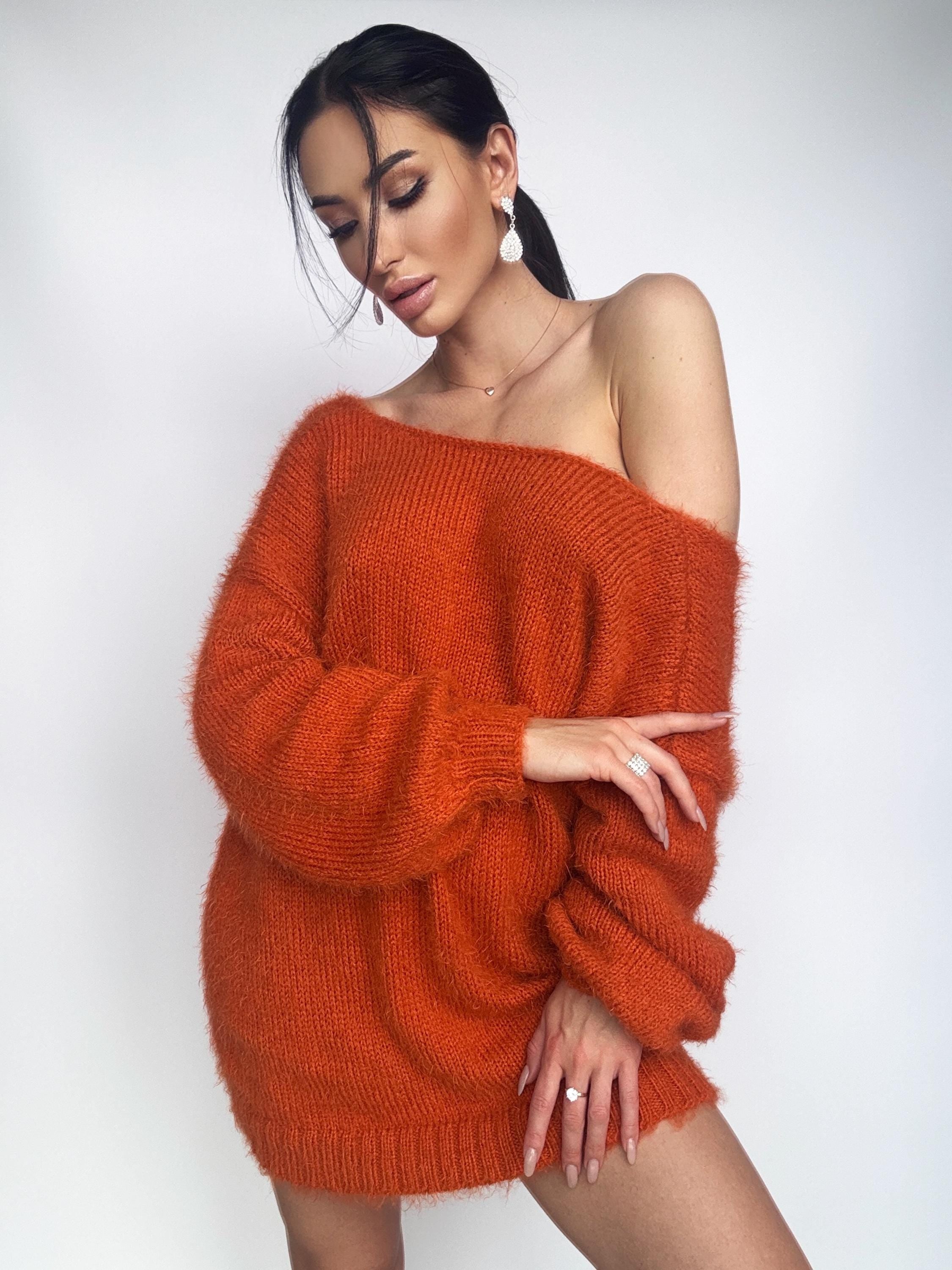 Soft wool free knit orange sweater dress Merino mix for sensitive skin Fluffy body friendly pullover Open back Deep V-neckline Loose fit