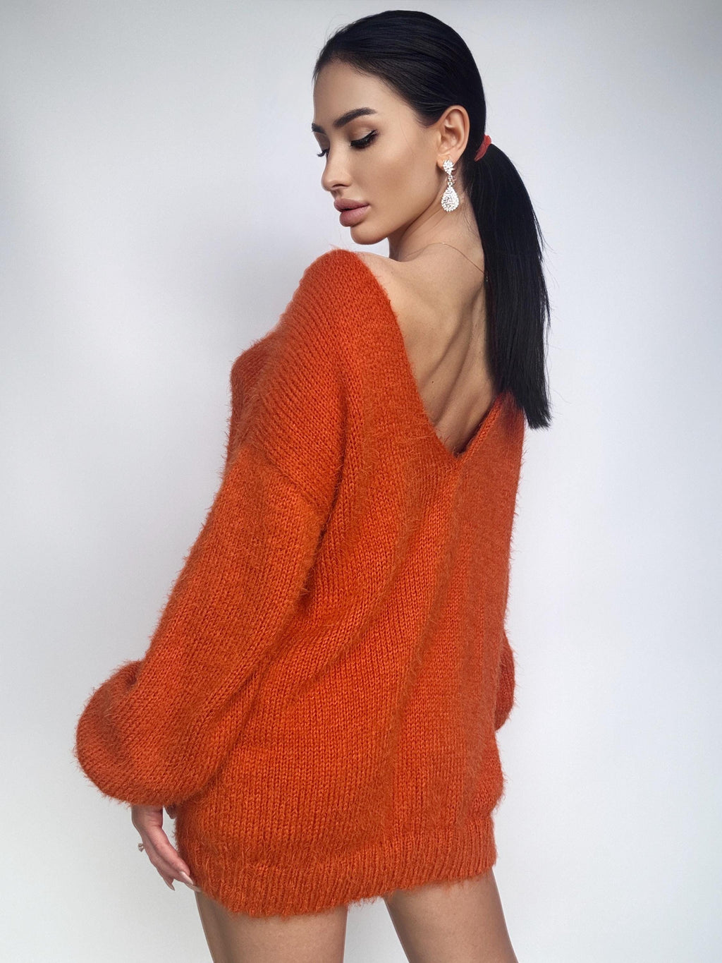 Soft wool free knit orange sweater dress Merino mix for sensitive skin Fluffy body friendly pullover Open back Deep V-neckline Loose fit