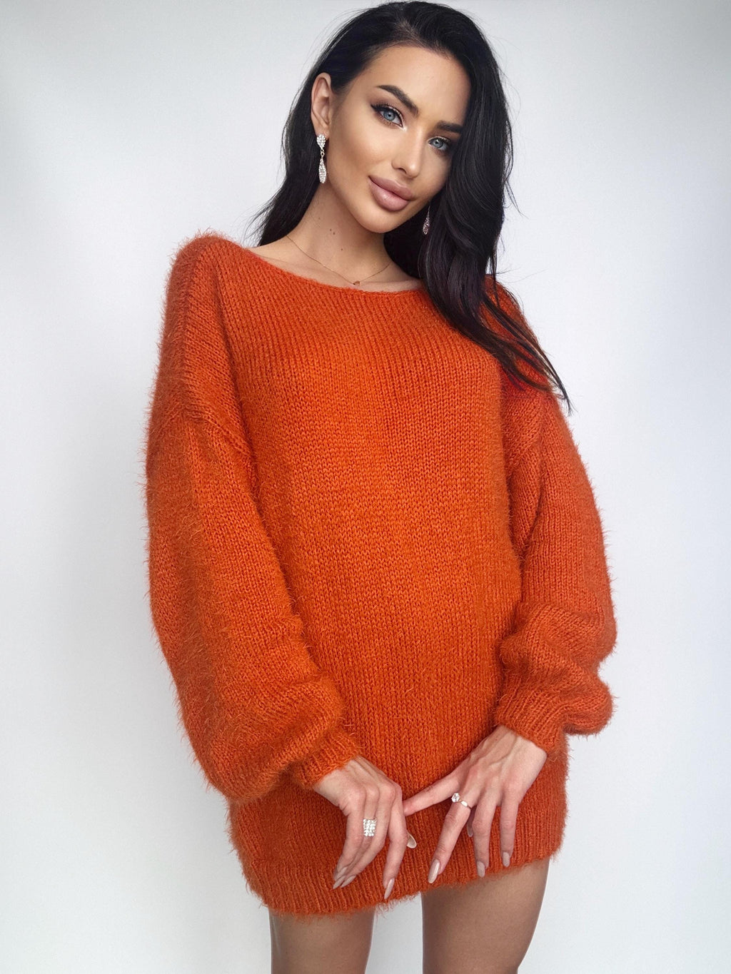 Soft wool free knit orange sweater dress Merino mix for sensitive skin Fluffy body friendly pullover Open back Deep V-neckline Loose fit