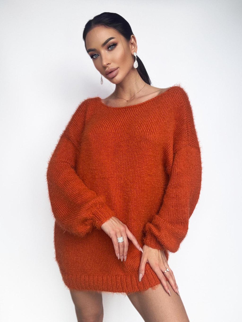 Soft wool free knit orange sweater dress Merino mix for sensitive skin Fluffy body friendly pullover Open back Deep V-neckline Loose fit