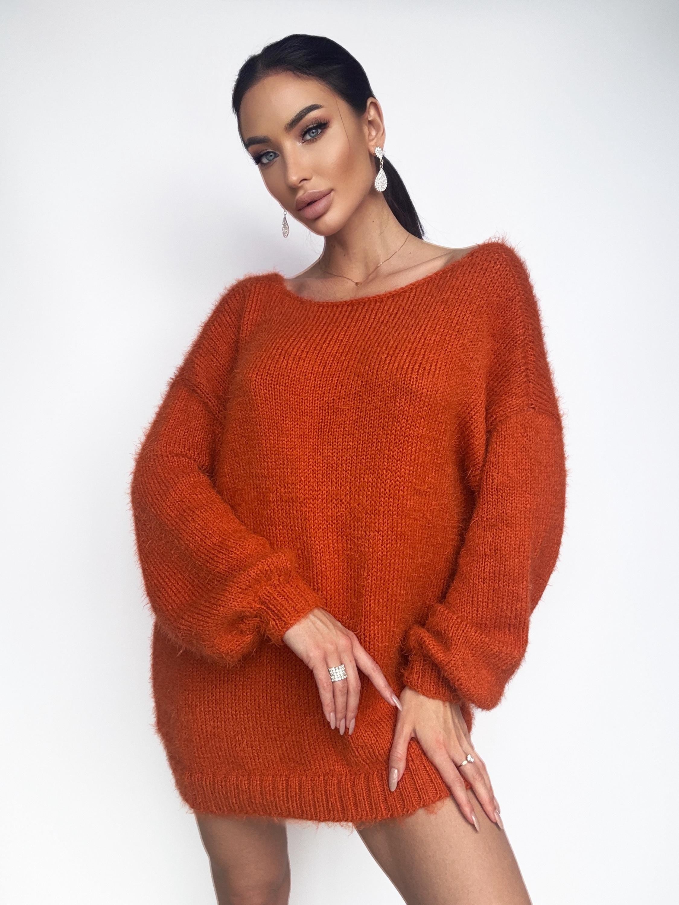 Soft wool free knit orange sweater dress Merino mix for sensitive skin Fluffy body friendly pullover Open back Deep V-neckline Loose fit
