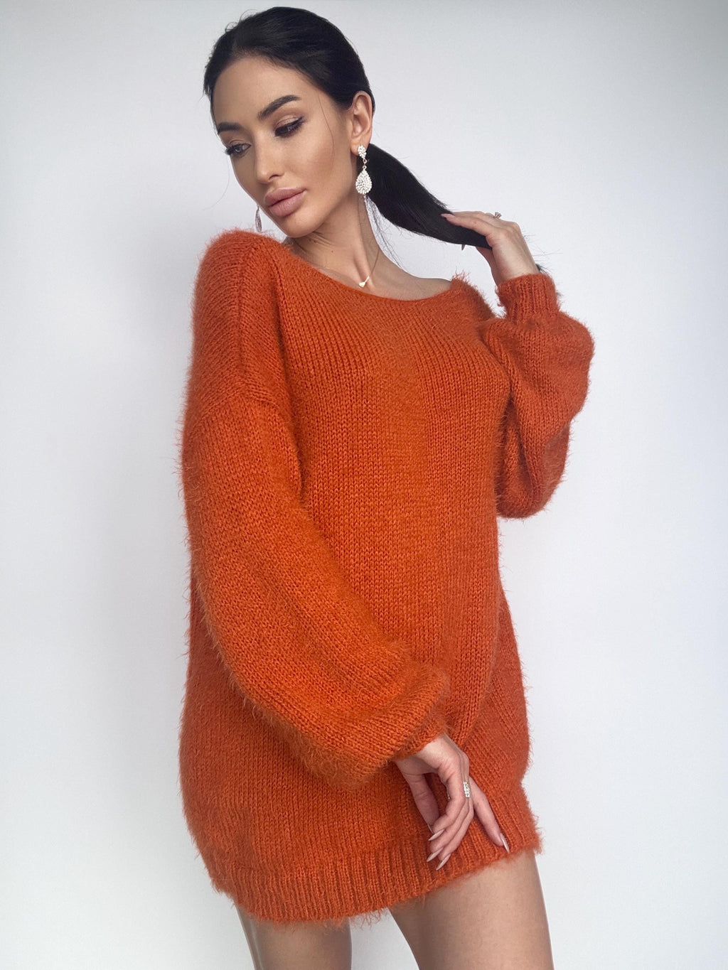 Soft wool free knit orange sweater dress Merino mix for sensitive skin Fluffy body friendly pullover Open back Deep V-neckline Loose fit