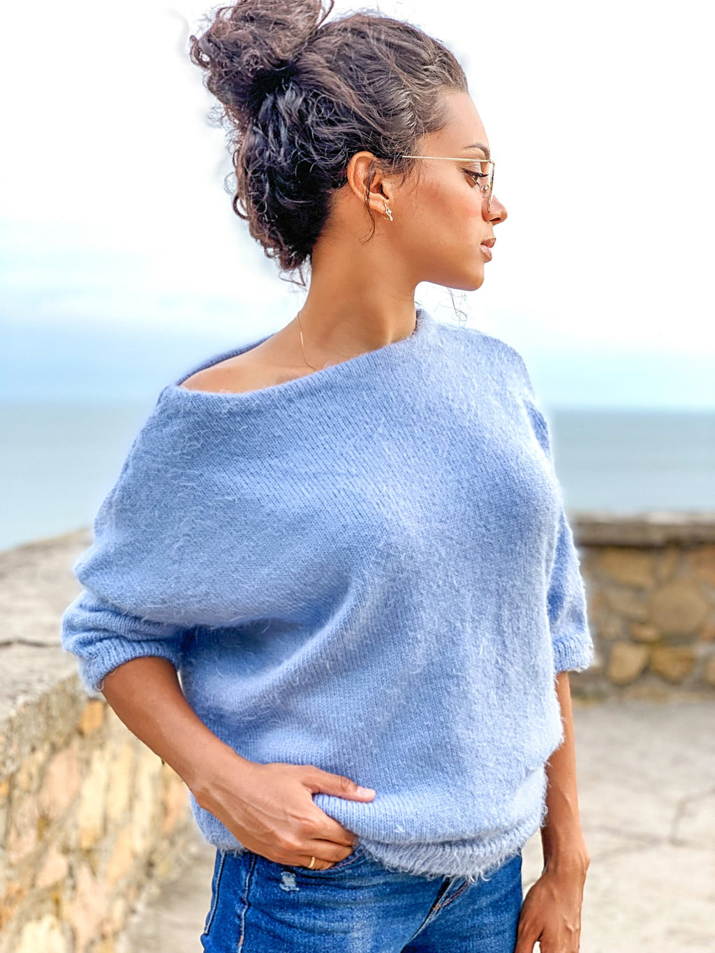 Soft cozy fluffy sweater Hypoallergenic knit light blue sweater Women oversized sweater 3/4 sleeve Eco friendly pullover One size Pne colour