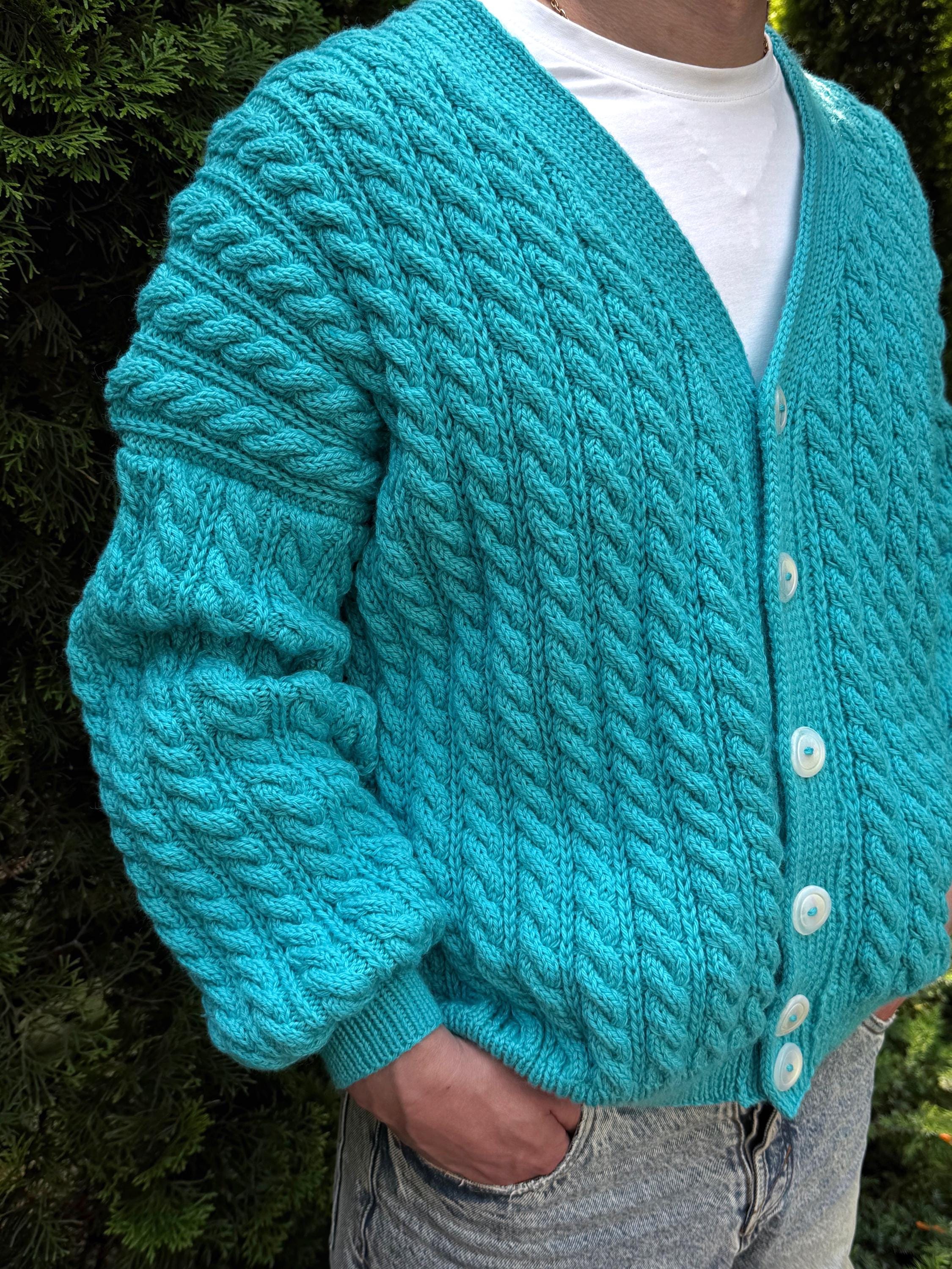 Chunky knit men's unisex merino wool cardigan Hand knit blue cardigan sweater Cable knit cardigan Cozy cardigan knitted jacket Gift for him