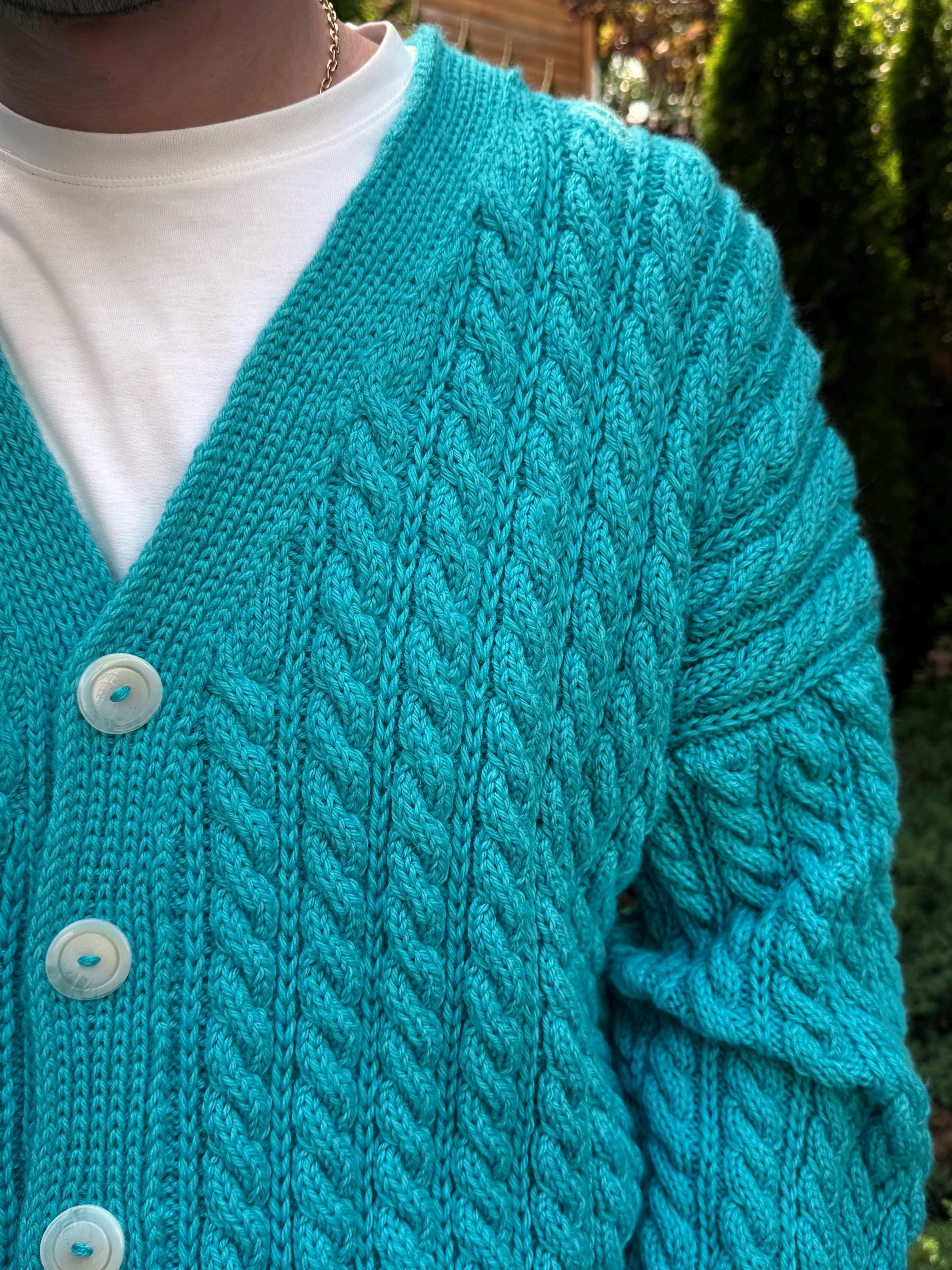 Chunky knit men's unisex merino wool cardigan Hand knit blue cardigan sweater Cable knit cardigan Cozy cardigan knitted jacket Gift for him
