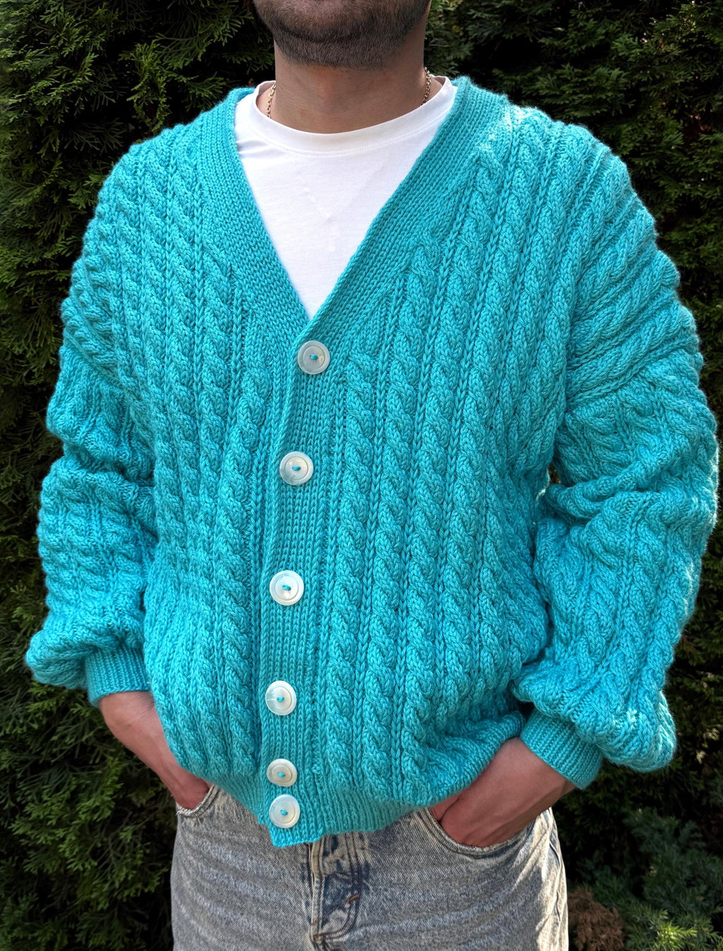 Chunky knit men's unisex merino wool cardigan Hand knit blue cardigan sweater Cable knit cardigan Cozy cardigan knitted jacket Gift for him