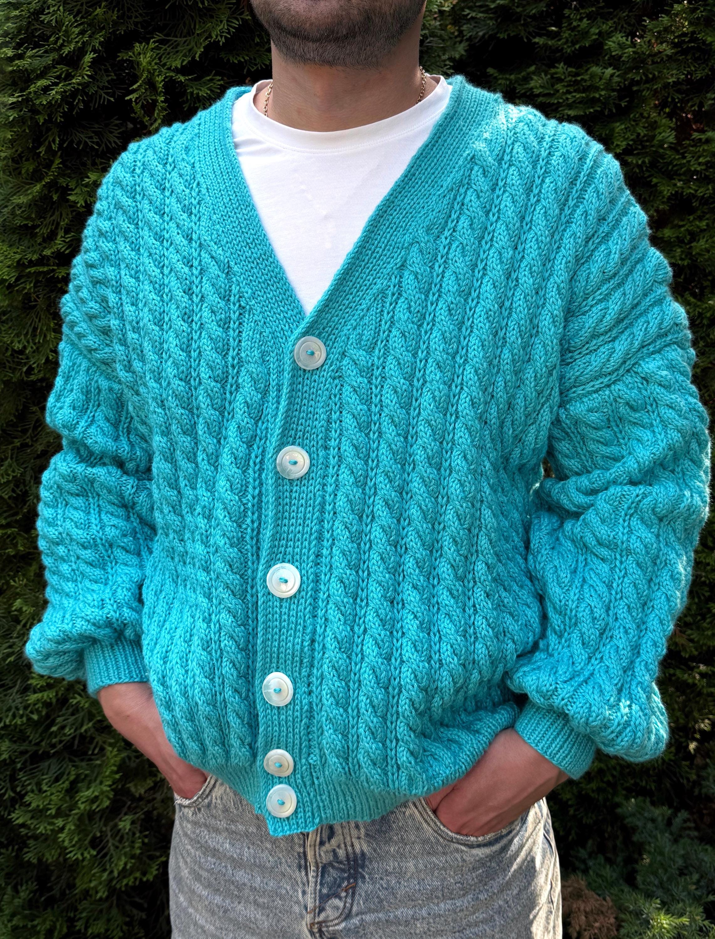 Chunky knit men's unisex merino wool cardigan Hand knit blue cardigan sweater Cable knit cardigan Cozy cardigan knitted jacket Gift for him