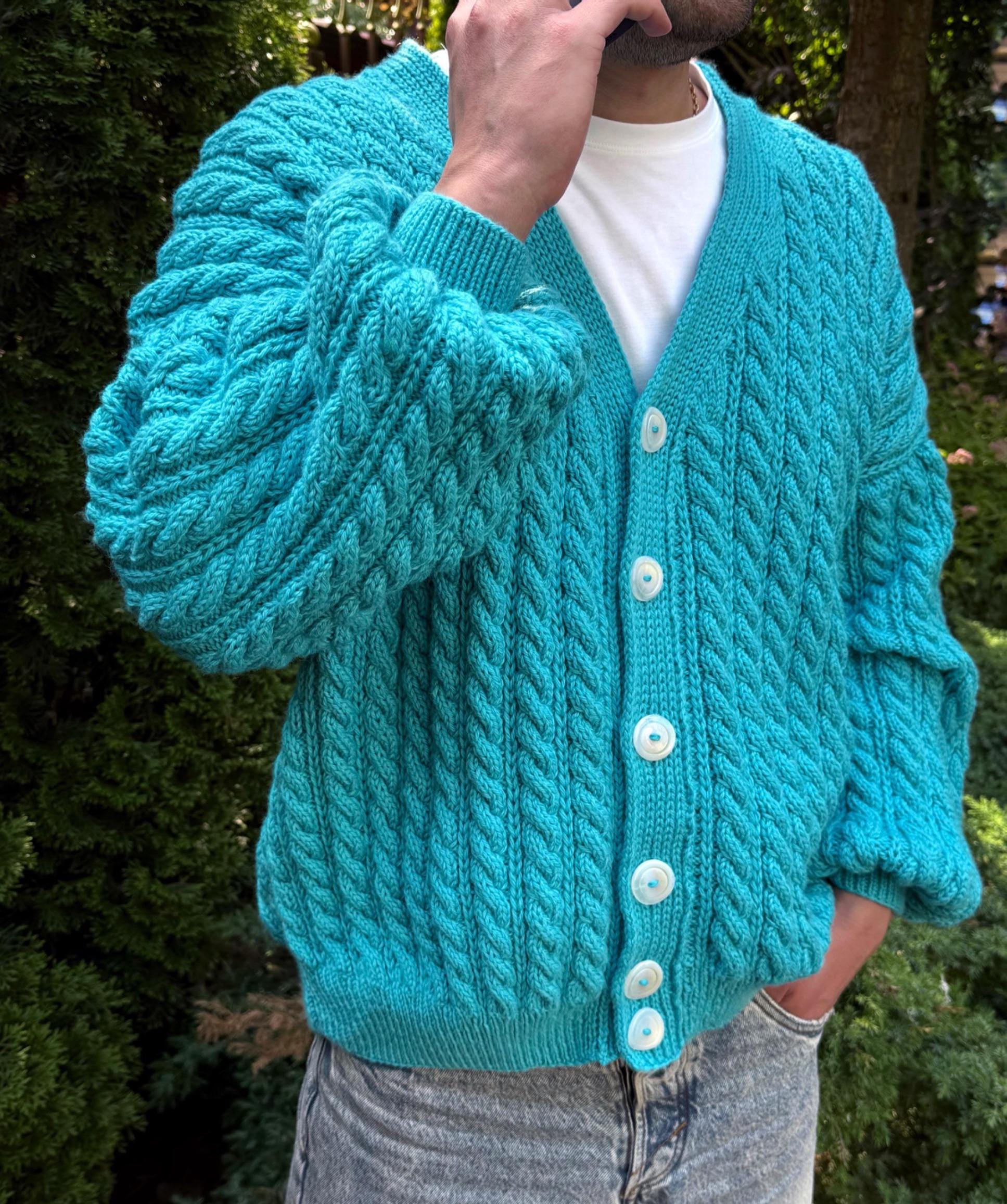 Chunky knit men's unisex merino wool cardigan Hand knit blue cardigan sweater Cable knit cardigan Cozy cardigan knitted jacket Gift for him