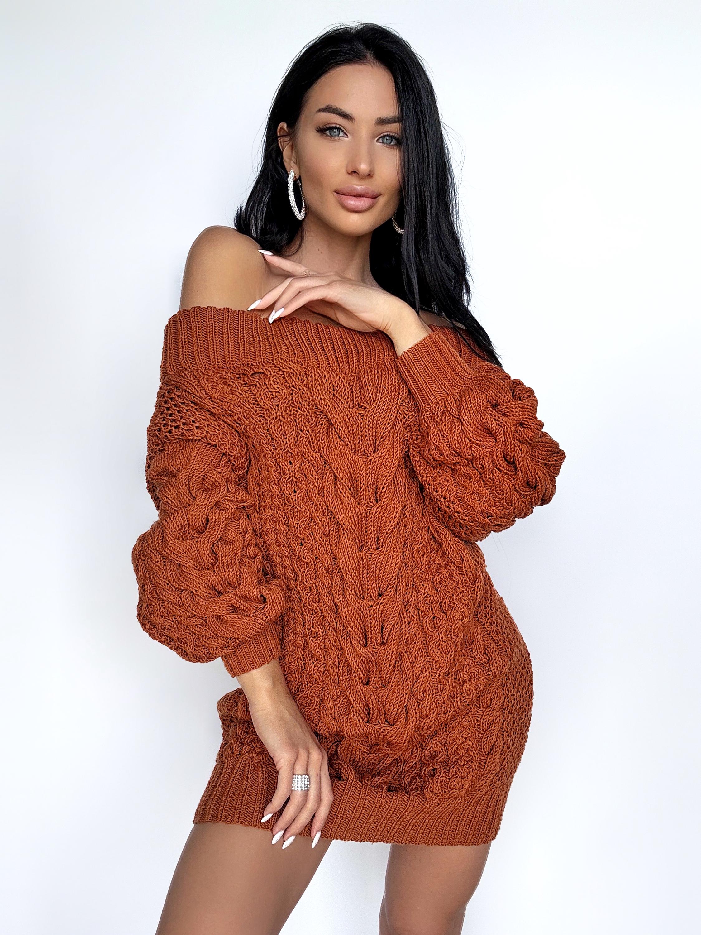 Aran merino wool sweater dress open shoulders Copper Mustard Orange one shoulder dress Cable knit wide sleeves off shoulder sweater women