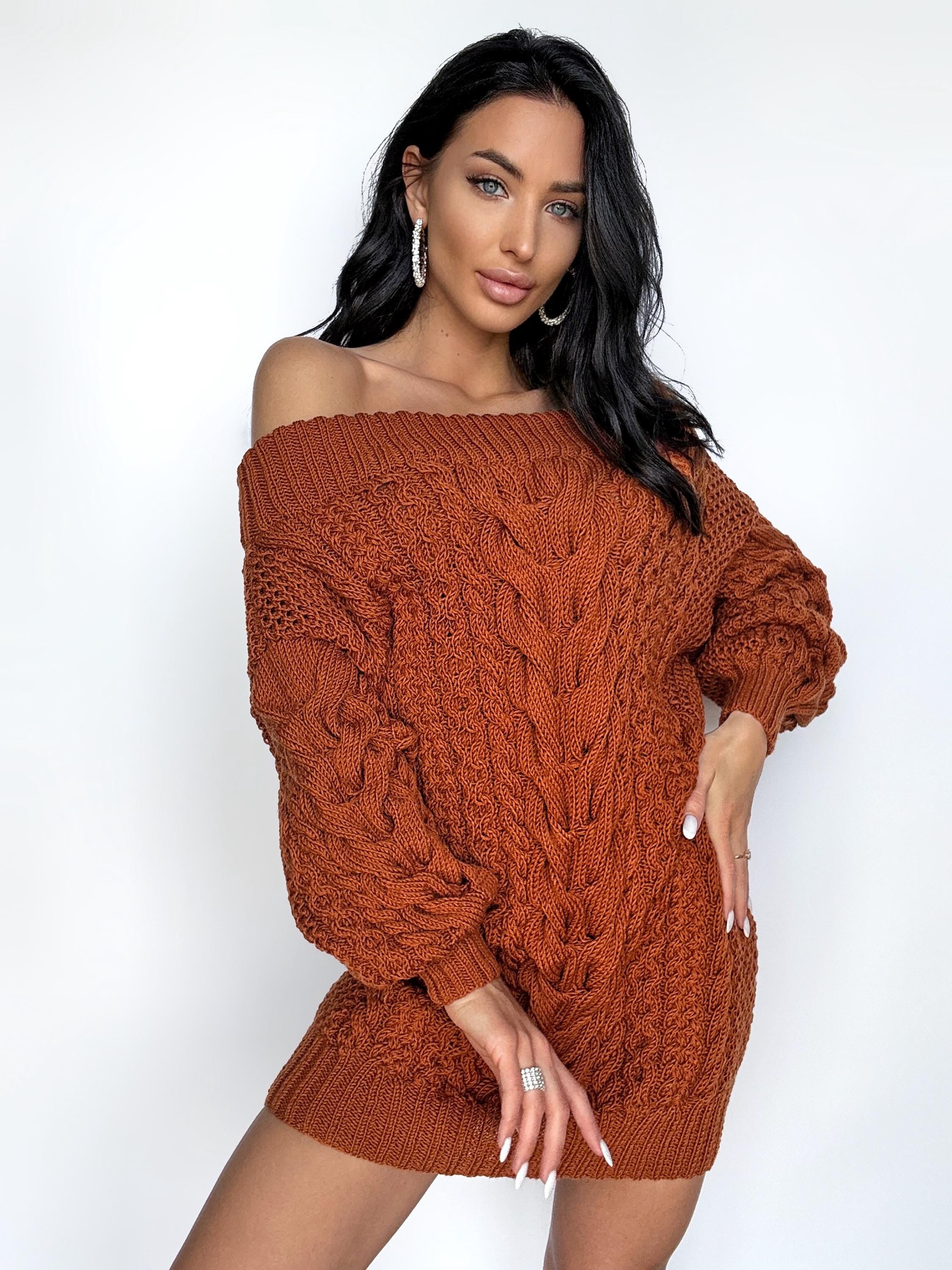 Cable knit merino wool copper sweater dress open shoulders Mustard Orange one shoulder dress Wide sleeves off shoulder sweater women