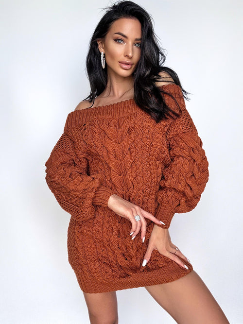 Aran merino wool sweater dress open shoulders Copper Mustard Orange one shoulder dress Cable knit wide sleeves off shoulder sweater women